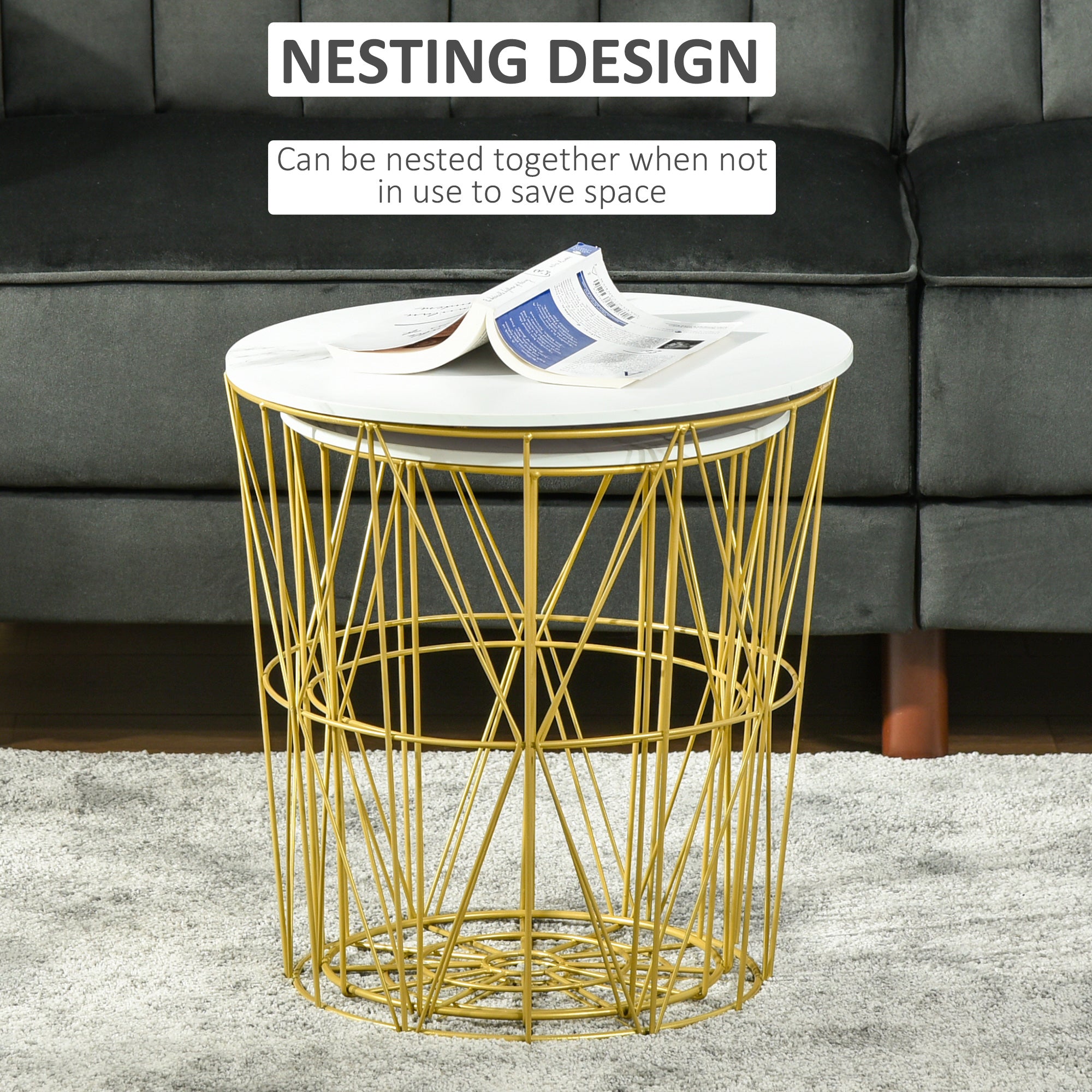 Set Of 2 Nesting Side Tables With Storage, Round End Tables Coffee Tables With Steel Frame And Removable Round Top, For Living Room, Bedroom, Office, White