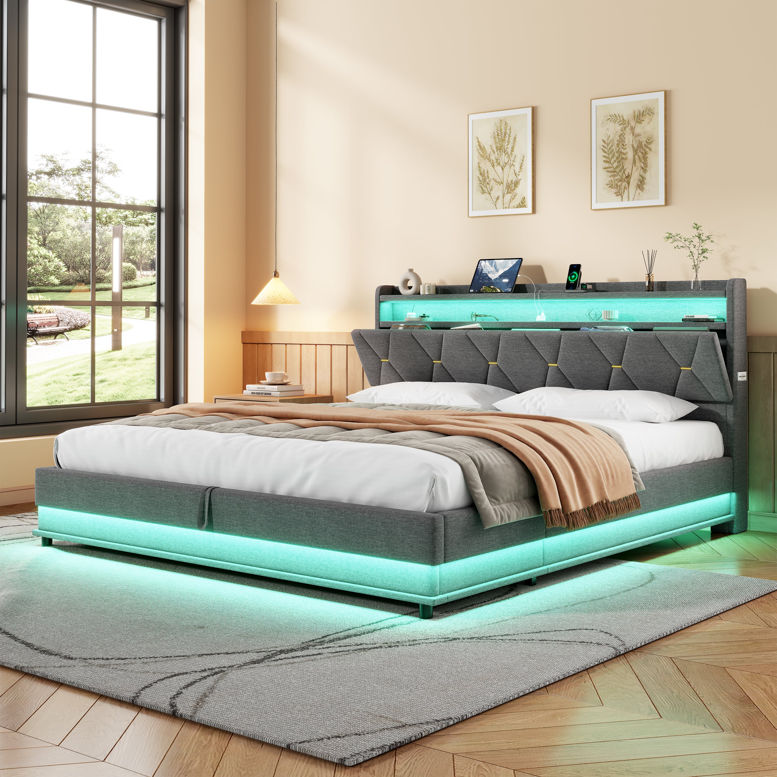 6ft Super King Upholstered Bed Frame With Hydraulic Storage,  LED Headboard With Charging Station And Concealed Headboard Storage, USB And Type - C Ports, Linen,  Grey  No Mattress