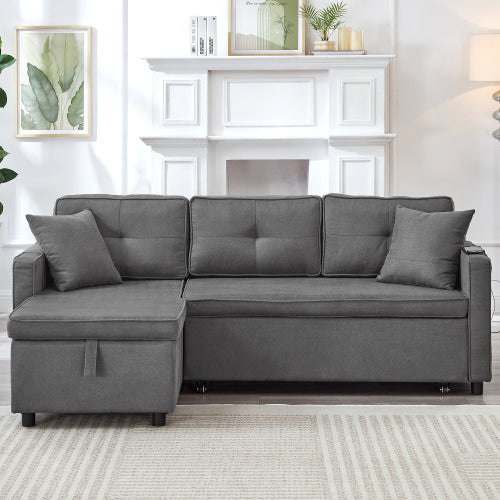 L-Shaped Pull Out Sleep Sofabed, Modern Reversible Sleeper Sectional Sofa, 3 In 1 Convertible Sofa Bed With Storage Chaise, Drop-Down Table, Cup Holders And Charging Ports, Grey