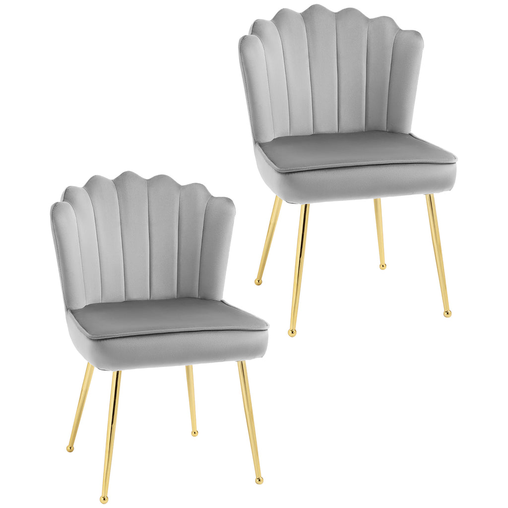 Shell Dining Chairs Set Of 2, Upholstered Kitchen Chairs With Gold Metal Legs And Backrest, Velvet Fabric Lounge Leisure Chairs For Living Room, Reception Room, Grey