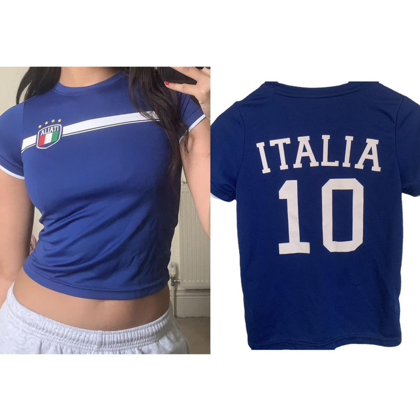Y2K Womens Summer Cropped Slim-Fit Blue Lettered TopT-Shirt