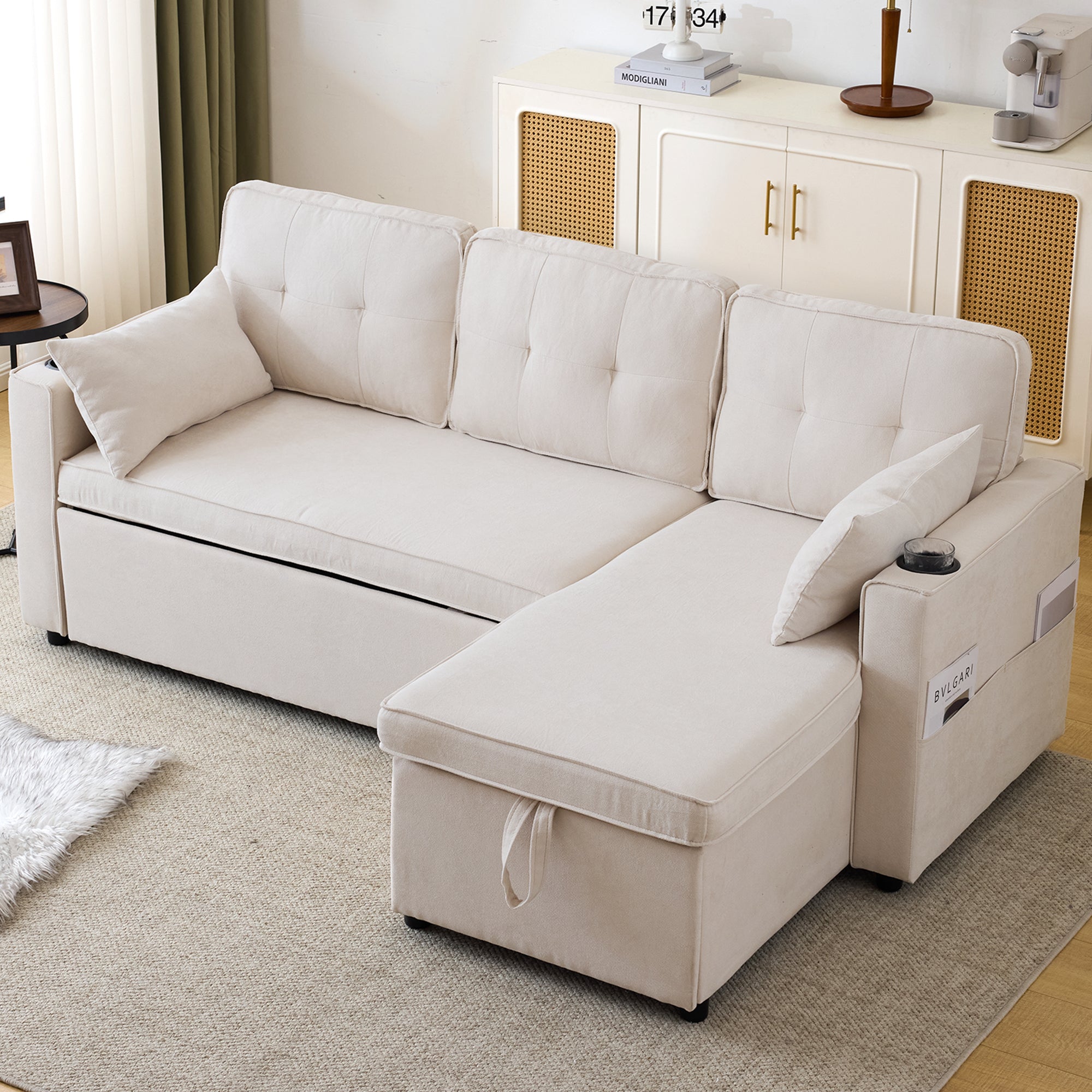 3-in-1 Convertible Sofa Bed With Internal Storage Chaise, L Shaped Sleeper Sofa Couches With Cup Holders, Pillows And Storage Pocket. Pullout Sectional Daybed For Living Room Bedroom Office, Beige