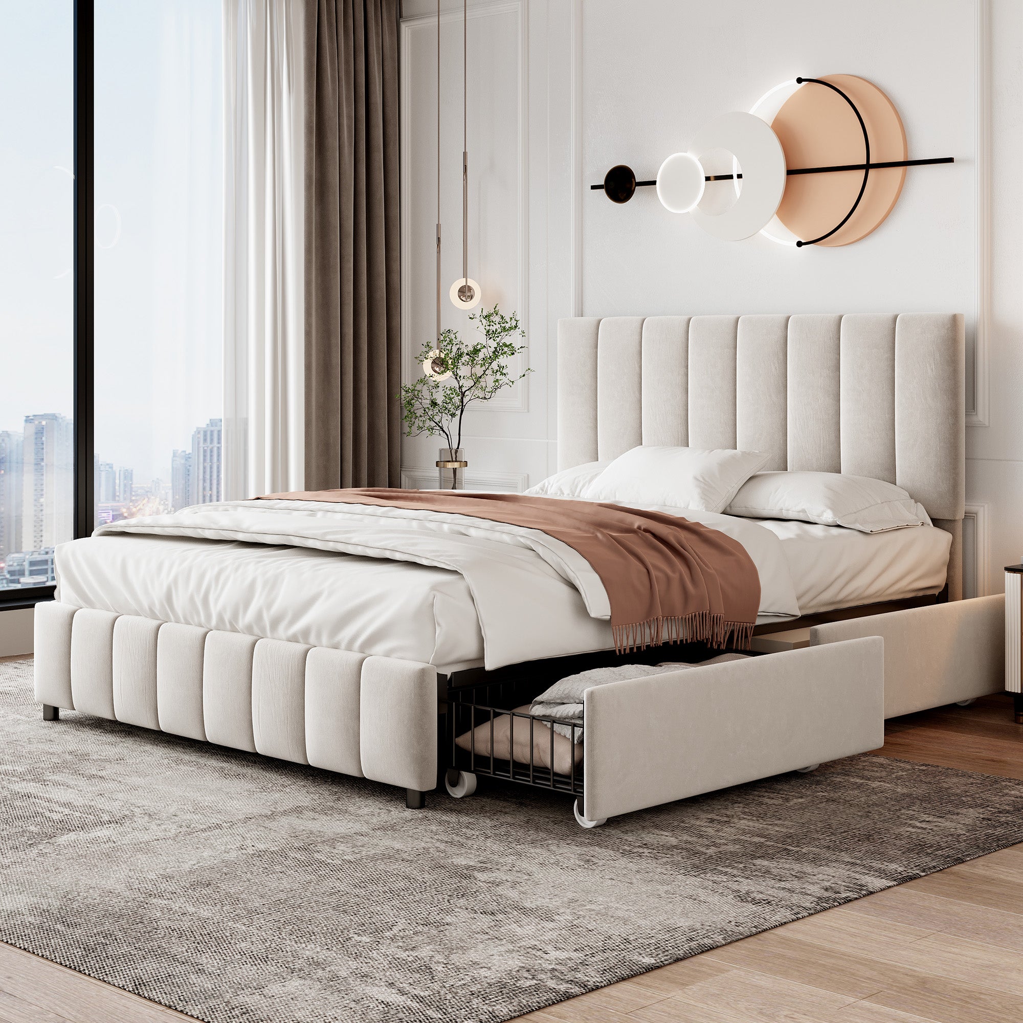 4ft6 Double Upholstered Bed With 4 Storage Drawers, Velvet Platform Bed Frame With Adjustable Channel Tufted Headboard, Metal-Wood Support, No Box Spring Needed, Easy Assembly, Beige  No Mattress