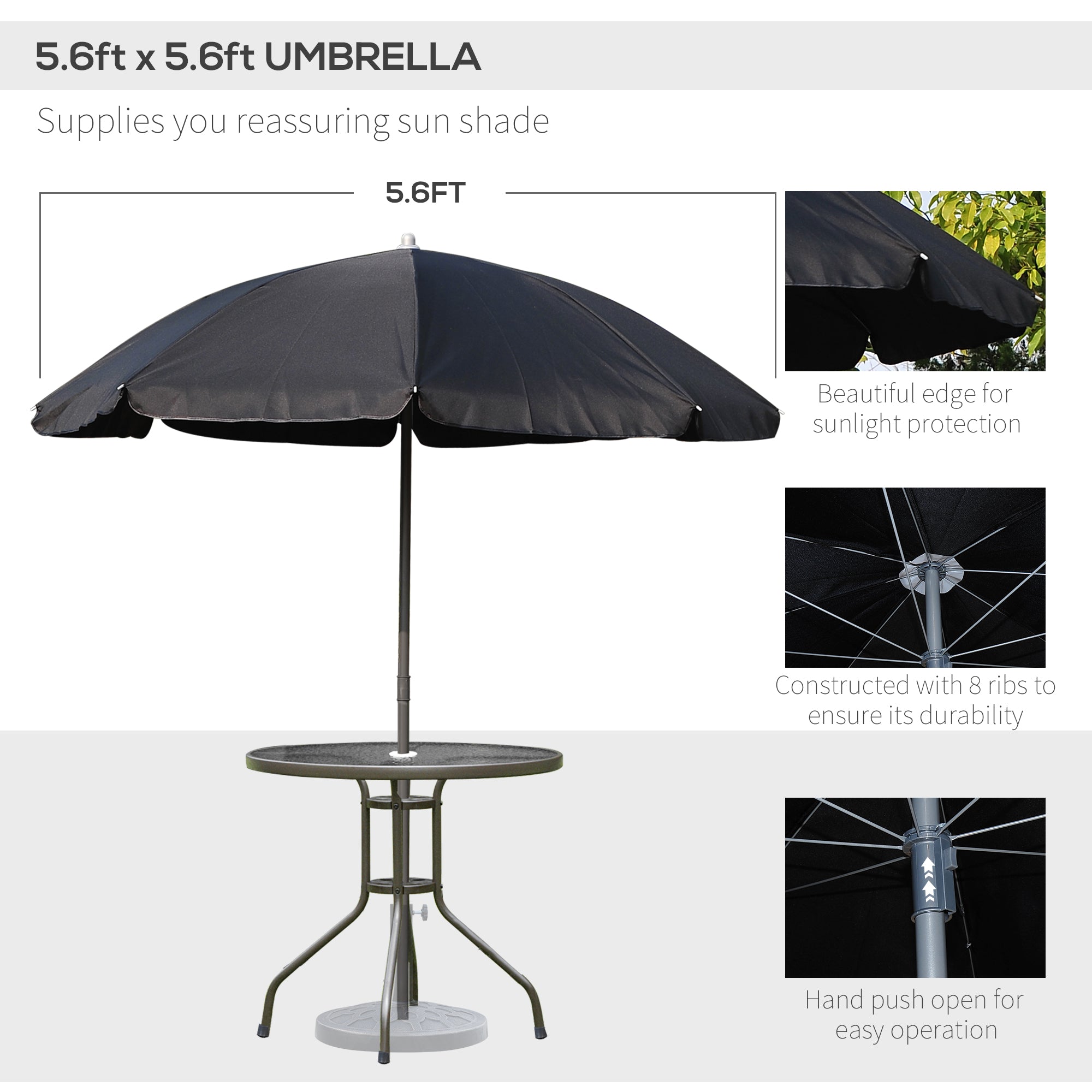 6 Piece Garden Dining Set With Umbrella, Patio Sets With Parasol With 4 Folding Dining Chairs & Round Tempered Glass Table, Black