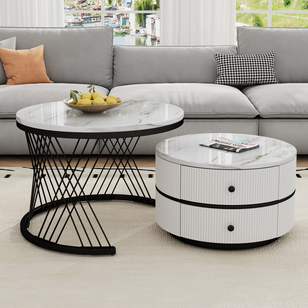 High Gloss Round Nesting Coffee Table With Marble Top, End Table, White & Gold Nesting Coffee Table Set Of 2 Center Table With Storage Drawers For Living Room