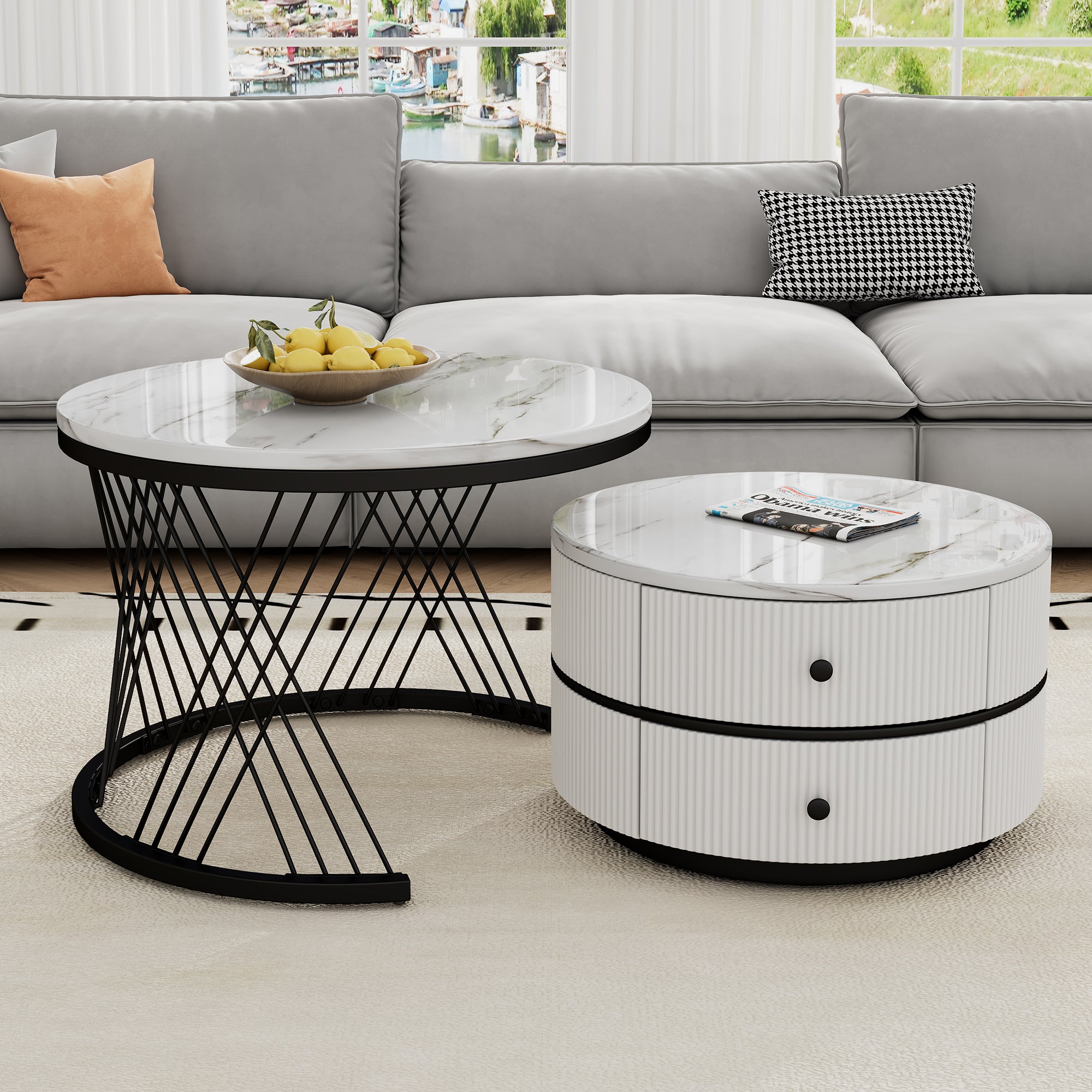 High Gloss Round Nesting Coffee Table With Marble Top, End Table, White & Gold Nesting Coffee Table Set Of 2 Center Table With Storage Drawers For Living Room