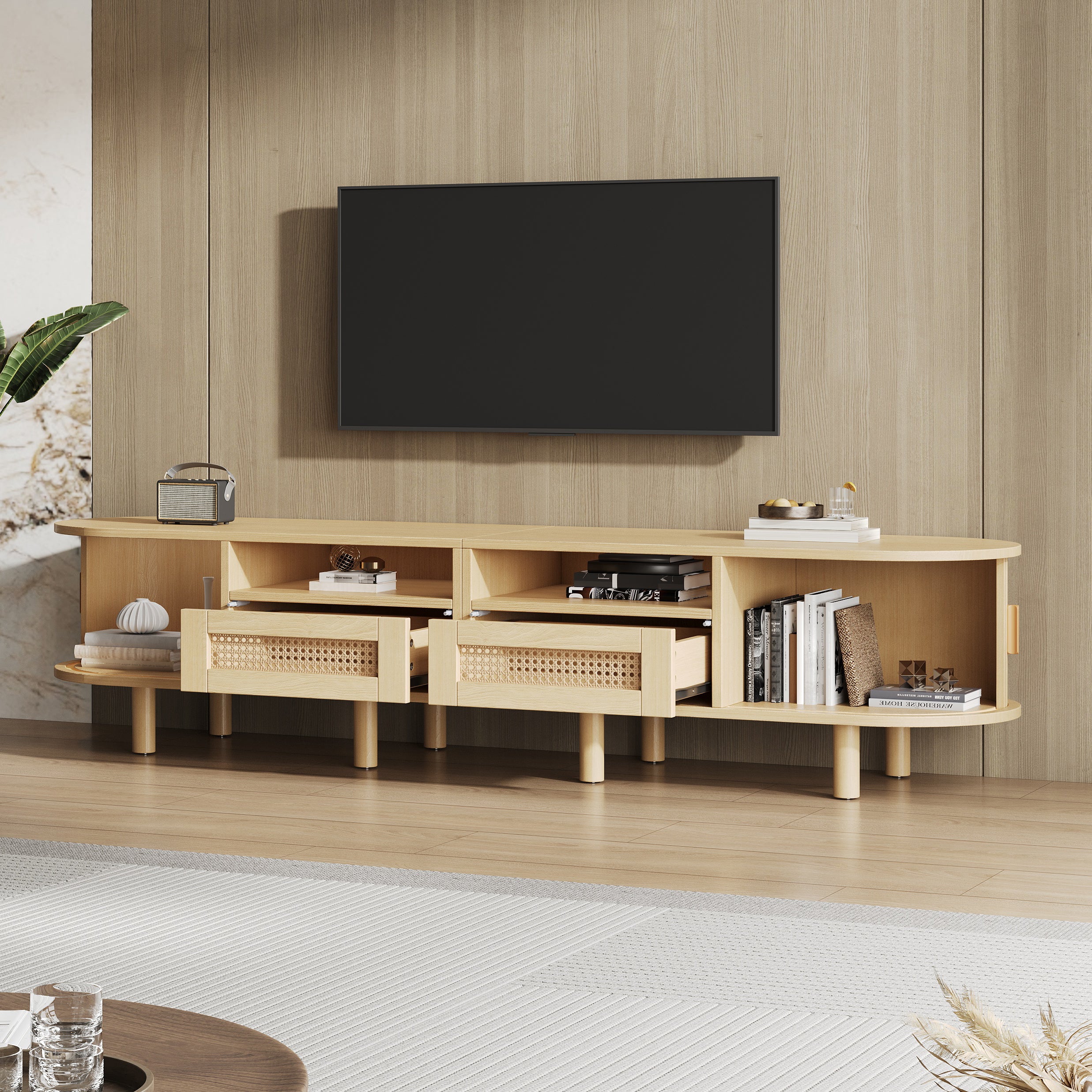 TV Stand With 2 Rattan Drawer And 2 Sliding Doors,Oval TV Cabinet Storage Sideboard With Rounded Corners For Livingroom, 170x40x40cm, Oak,MDF, Weight Capacity 30kg, Suitable For 70inch TV