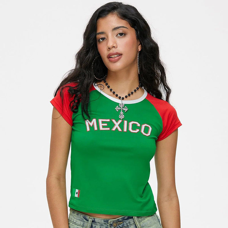 Y2K Womens Summer Cropped Slim-Fit Blue Lettered TopT-Shirt