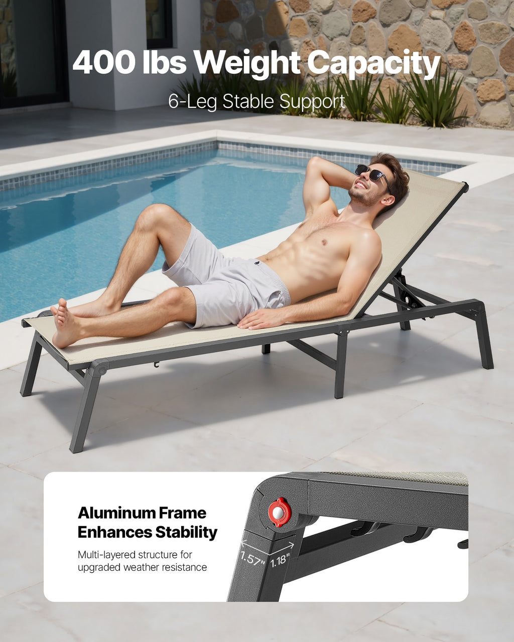 Outdoor Chaise Lounge Chair, 400 Lbs Weight Capacity, Foldable Sun Tanning Chair, 5 Adjustable Positions, Easy Assembly, Heavy Duty Aluminum Pool Recliner Lounge Chairs, For Beach Yard Patio