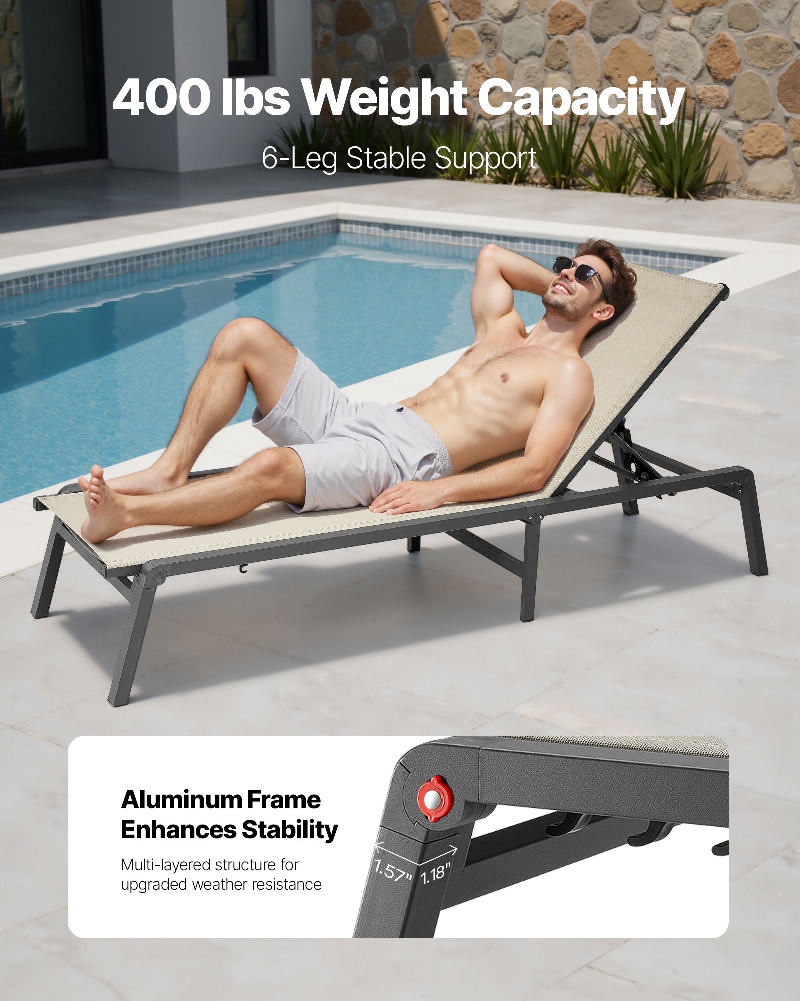Outdoor Chaise Lounge Chair, 400 Lbs Weight Capacity, Foldable Sun Tanning Chair, 5 Adjustable Positions, Easy Assembly, Heavy Duty Aluminum Pool Recliner Lounge Chairs, For Beach Yard Patio