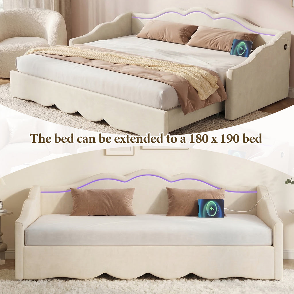Upholstered Daybed, Sofa Bed, 90x190 Cm, Extendable To 180 Cm, With LED Lighting And USB Port, Beige Velvet