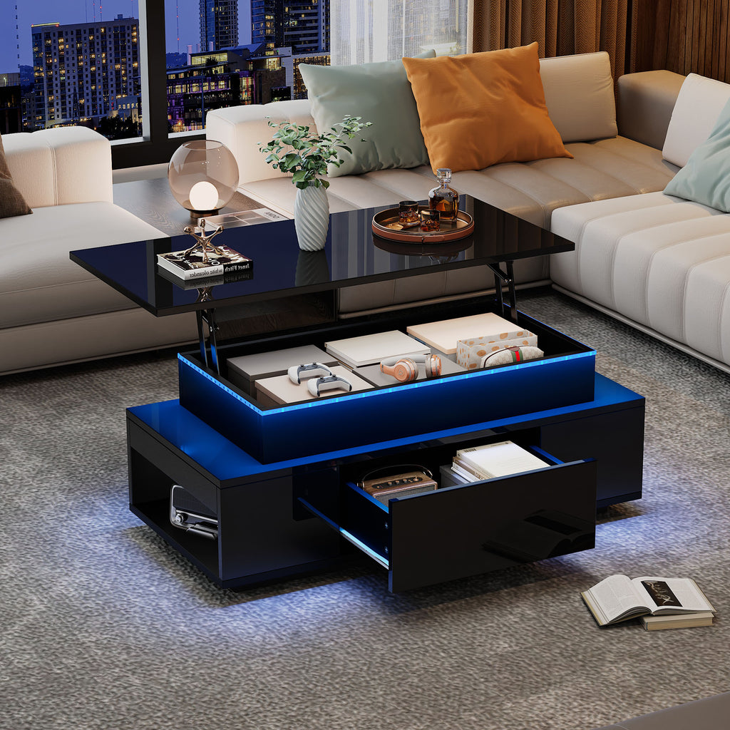 Lift-Top Coffee Table, Highgloss Centre Table With 1 Drawers & LED Lights, Hidden Storage Space, Lifting Sofa Side Table, Space-saving End Table,Tea Table,for Livingroom, Office, 96x45x40m, Black