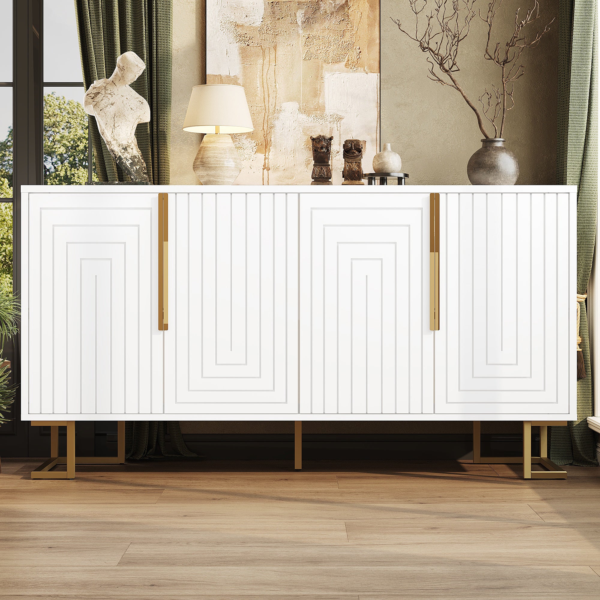 White Sideboard 152 X 40 X 75 Cm Features A Unique Geometric Design And Gold Handles And Feet For An Elegant Feel.