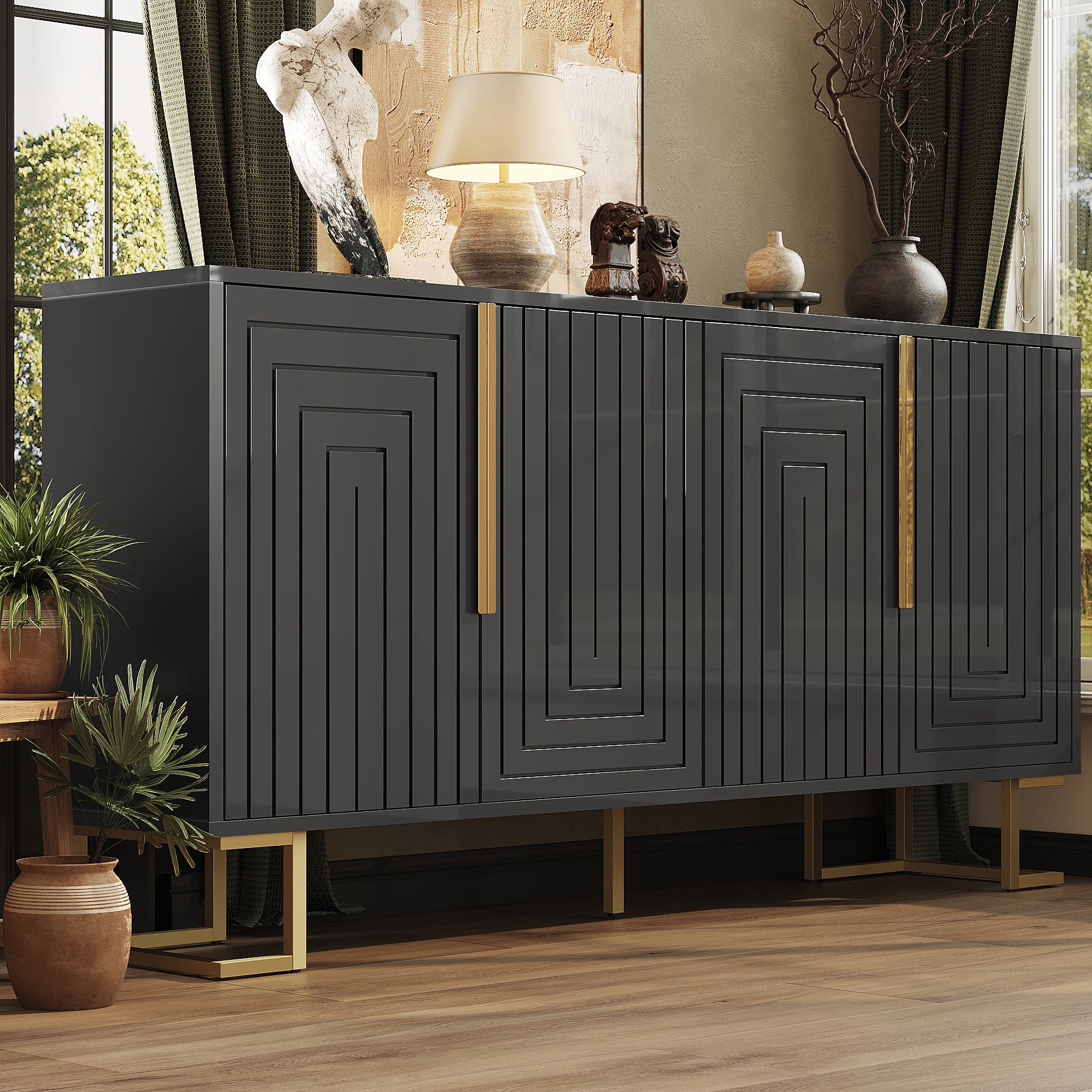 Black Sideboard 152 X 40 X 75 Cm Features A Unique Geometric Design And Gold Handles And Feet For An Elegant Feel