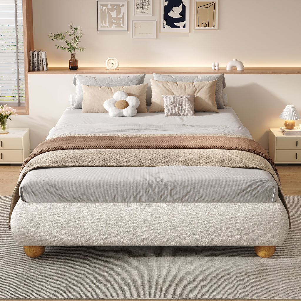 Upholstered Bed, 4ft6 Double Bed 135x190cm, Sturdy Bed Slats, Comfortable Soft Bed, Boucle  MDF Plywood, Beige