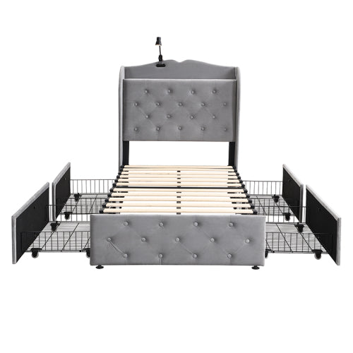 Upholstered Bed, Storage Bed, 3FT Bed 90x190cm, With 4 Drawers And Lamp, 3 USB Port 1 Type C, Durable And Sturdy, Youth Bed, For Adults  Teenagers, Velvet, Grey