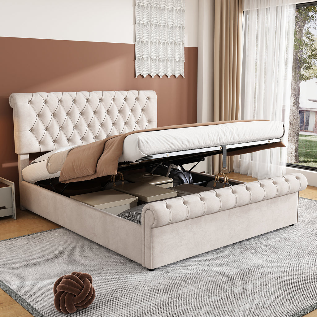 Upholstered Bed 5ft,150x200, 5ft King Bed, Luxurious Velvet Button-Tufted Sleigh Bed Storage, Functional Bed With Slatted Frame And Storage, Beige