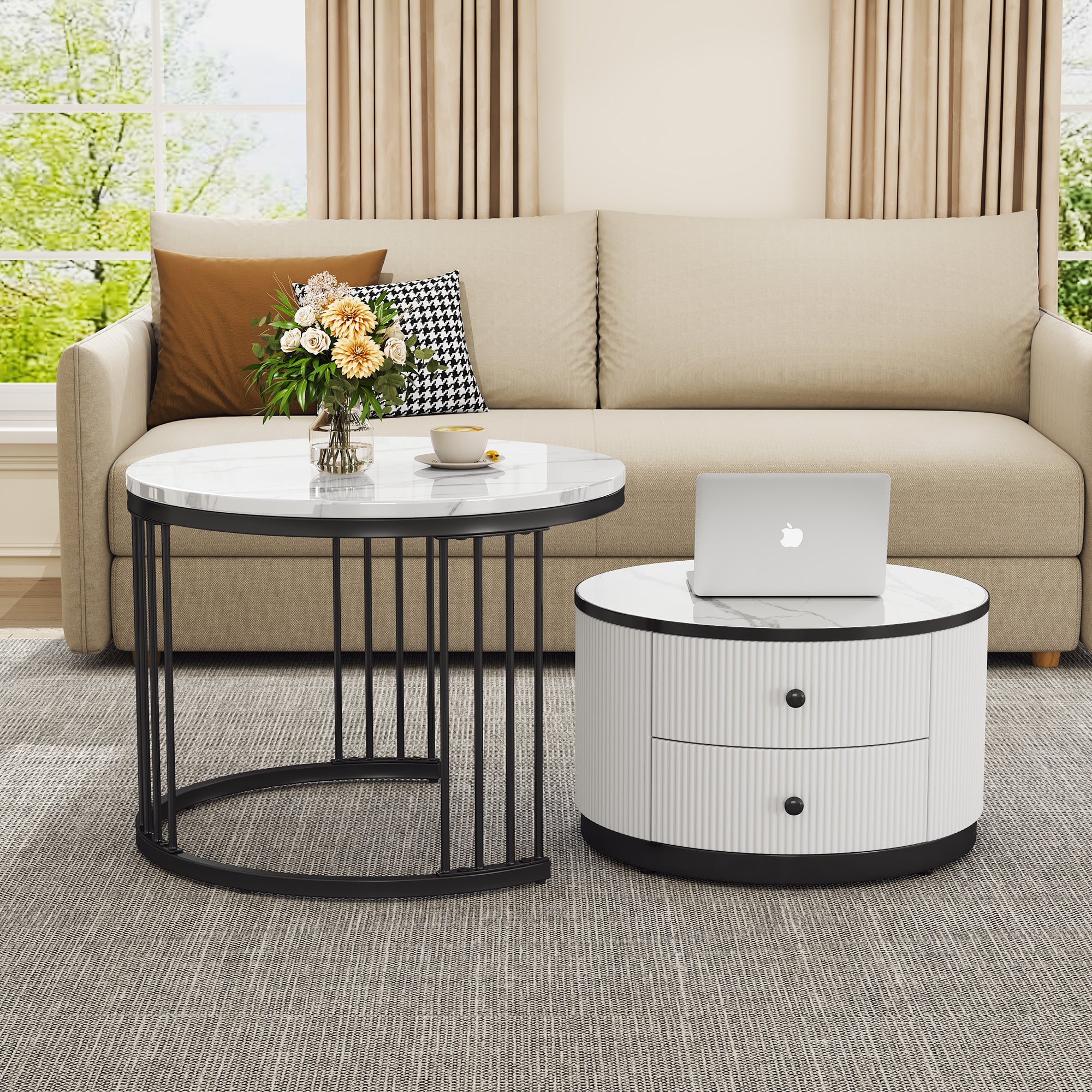 High Gloss Modern Round Nesting Coffee Table With Marble Pattern Top, White & Black Nesting Coffee Table Set Of 2 Center Table With Storage Drawers For Living Room Apartment Office