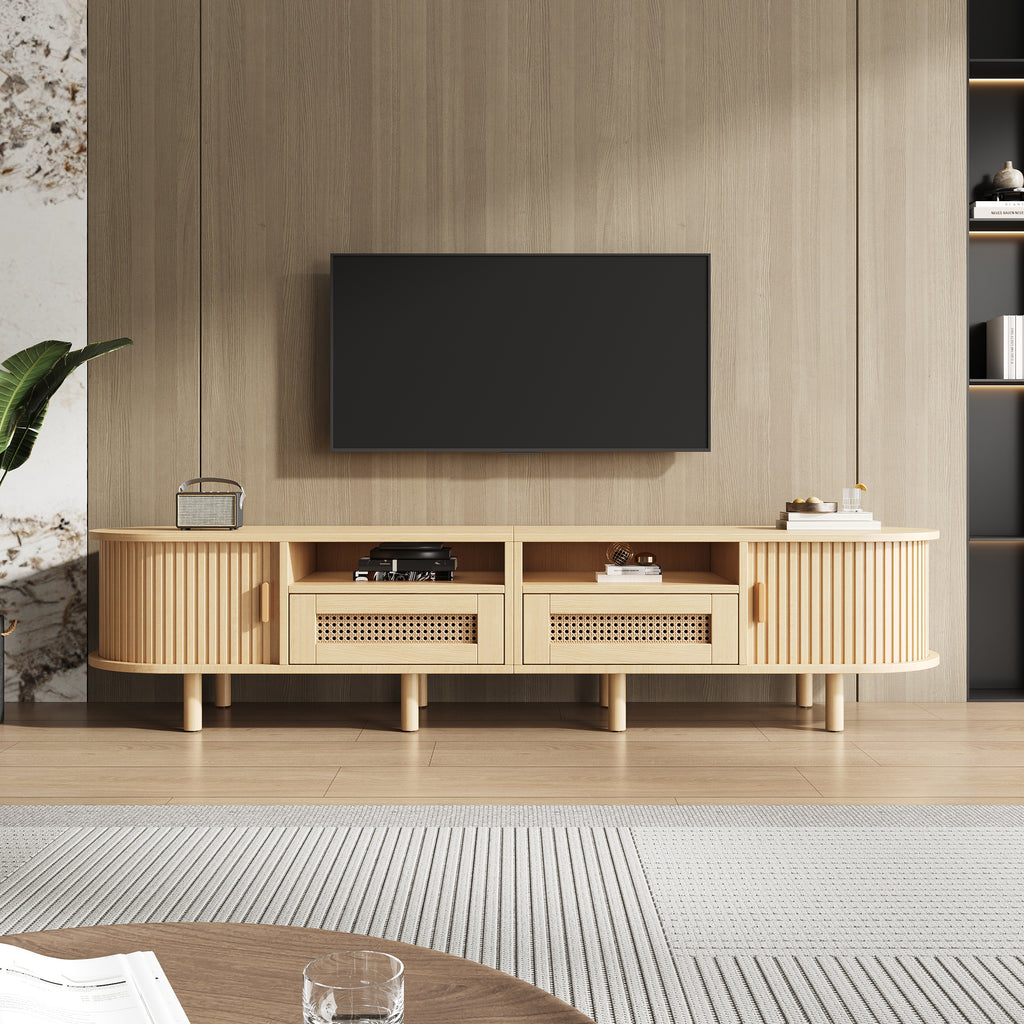TV Stand With 2 Rattan Drawer And 2 Sliding Doors,Oval TV Cabinet Storage Sideboard With Rounded Corners For Livingroom, 170x40x40cm, Oak,MDF, Weight Capacity 30kg, Suitable For 70inch TV