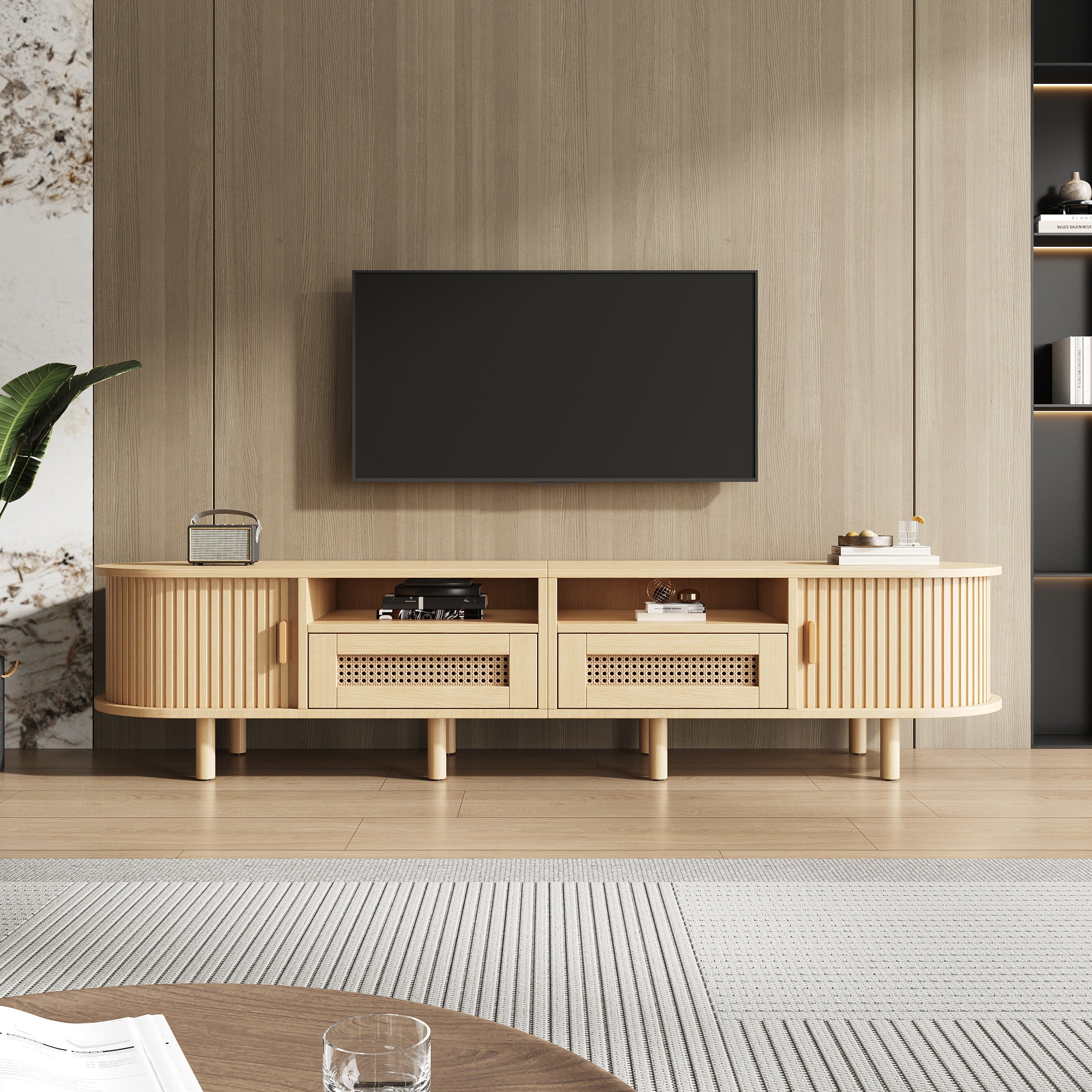 TV Stand With 2 Rattan Drawer And 2 Sliding Doors,Oval TV Cabinet Storage Sideboard With Rounded Corners For Livingroom, 170x40x40cm, Oak,MDF, Weight Capacity 30kg, Suitable For 70inch TV
