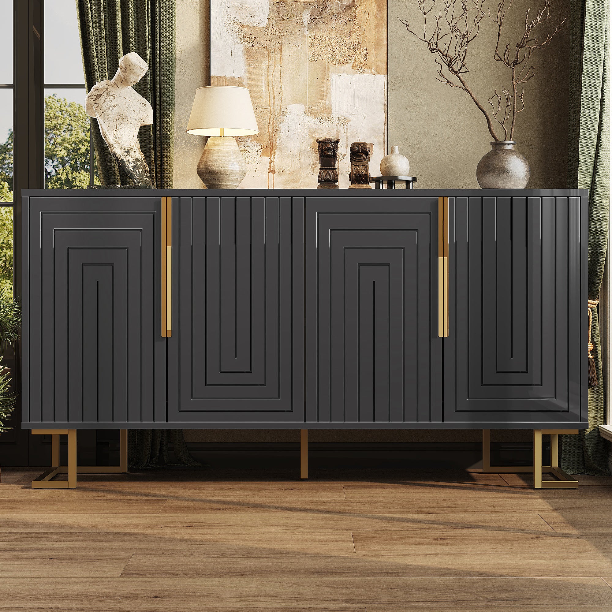 Black Sideboard 152 X 40 X 75 Cm Features A Unique Geometric Design And Gold Handles And Feet For An Elegant Feel