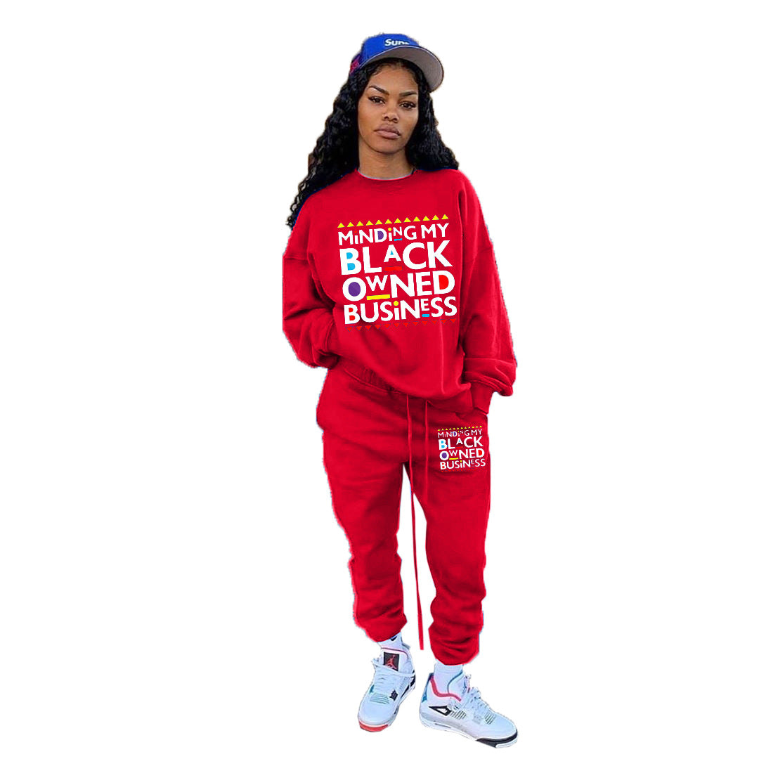 Women Fashion Print Loose Sweatshirt Two Piece Set