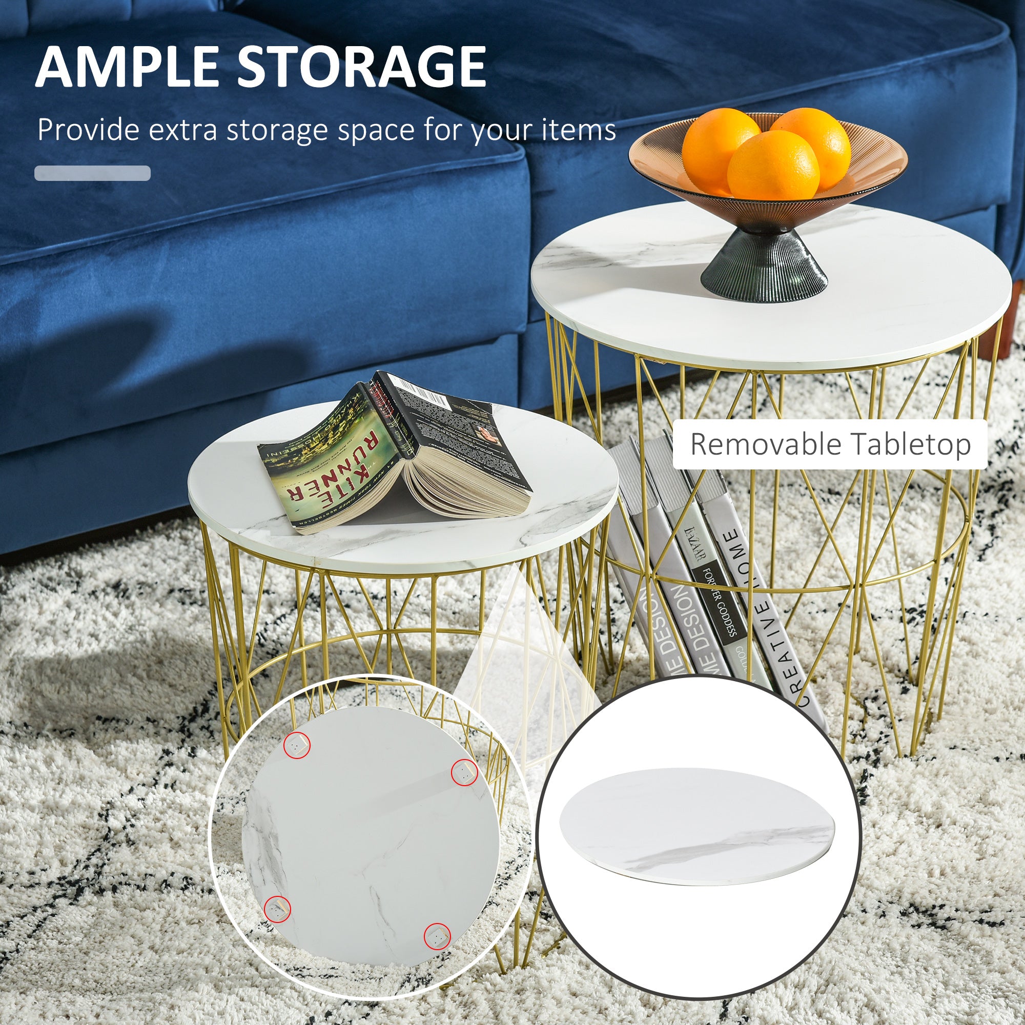 Set Of 2 Nesting Side Tables With Storage, Round End Tables Coffee Tables With Steel Frame And Removable Round Top, For Living Room, Bedroom, Office, White