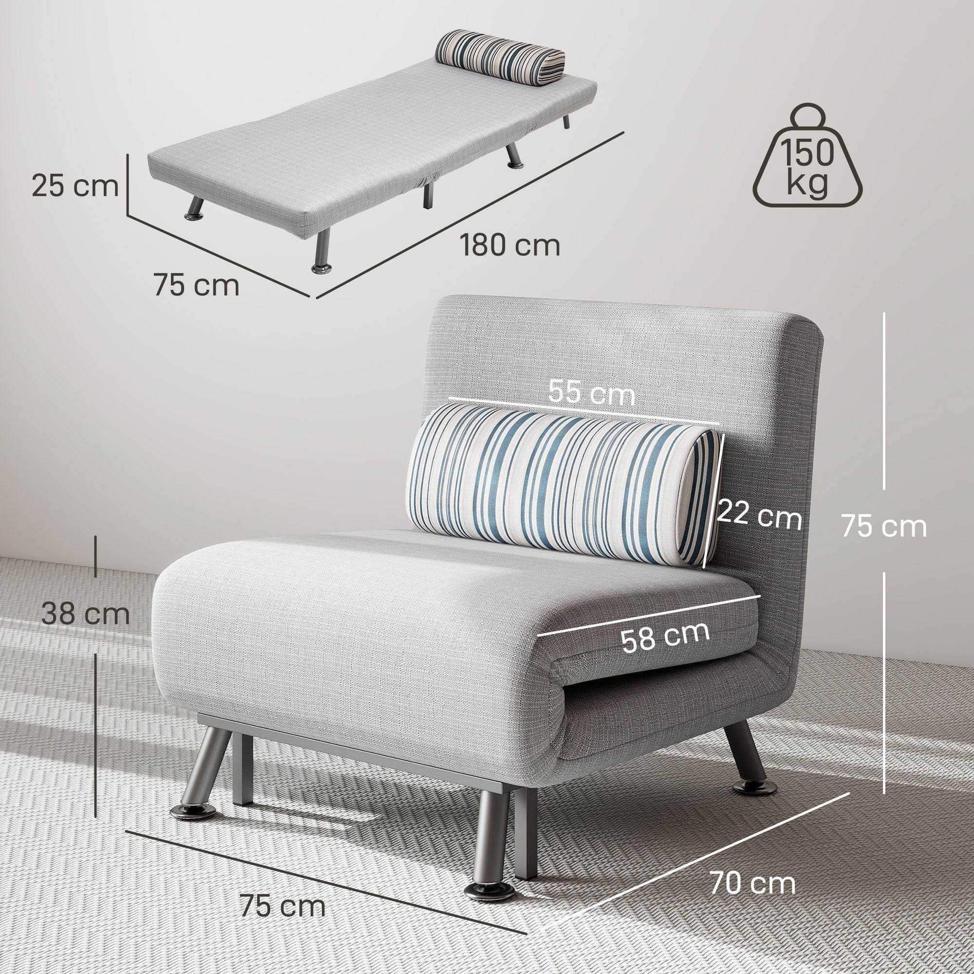 Single Sofa Bed, 1 Person Sleeper Foldable Lounge With Pillow, Light Grey
