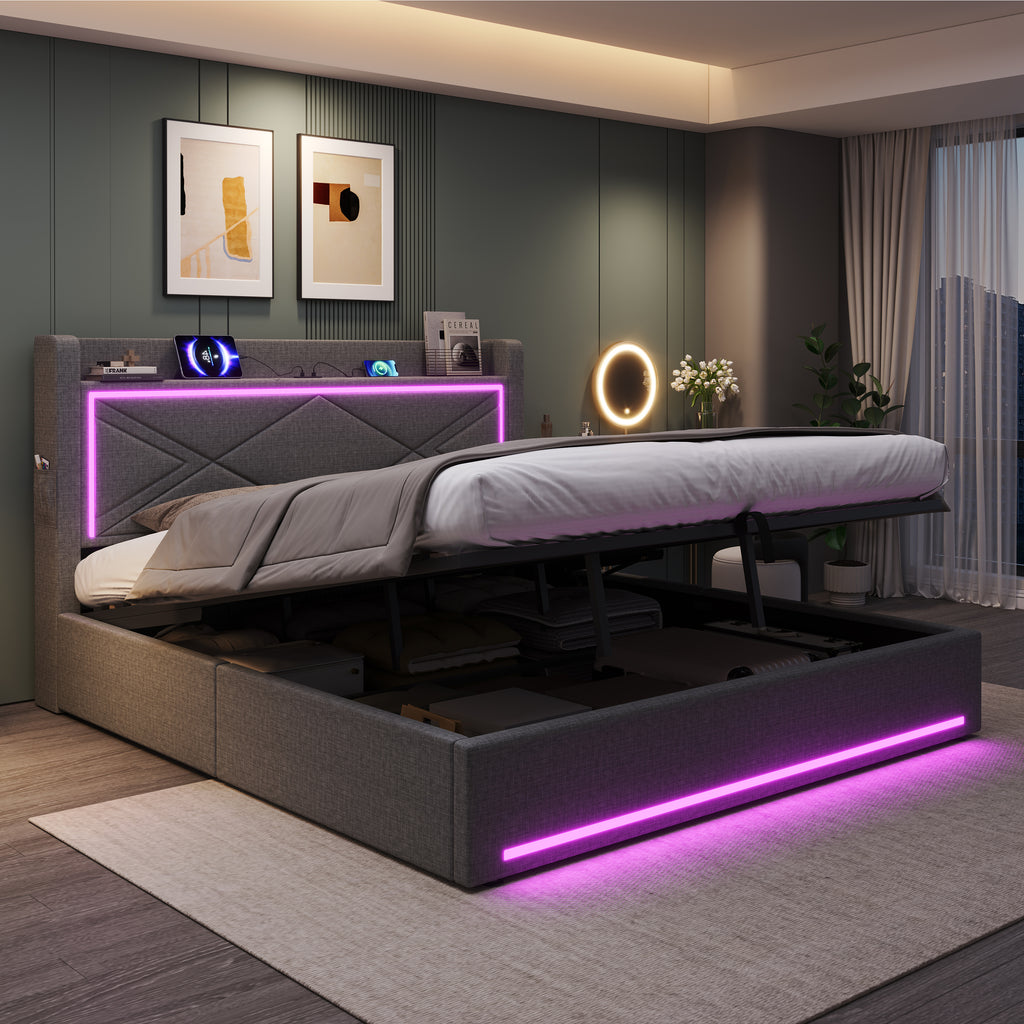 6ft Super King Upholstered Bed Frame With Hydraulic Storage,  Linen Ottoman Bed With LED Lighting And Charging Station, USB And Type - C Ports, No Box Spring Needed, Grey No Mattress