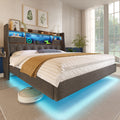 Upholstered Bed 6ft Floating Bed With LED Lighting, USB Type-C Charging, Storage Headboard For Cellphones & Tablets,  180 X 200 Cm Super King Bed With Metal Slatted Frame, Linen, Grey  No Mattress