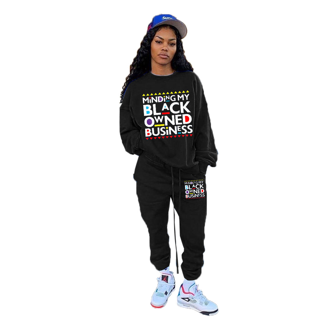 Women Fashion Print Loose Sweatshirt Two Piece Set