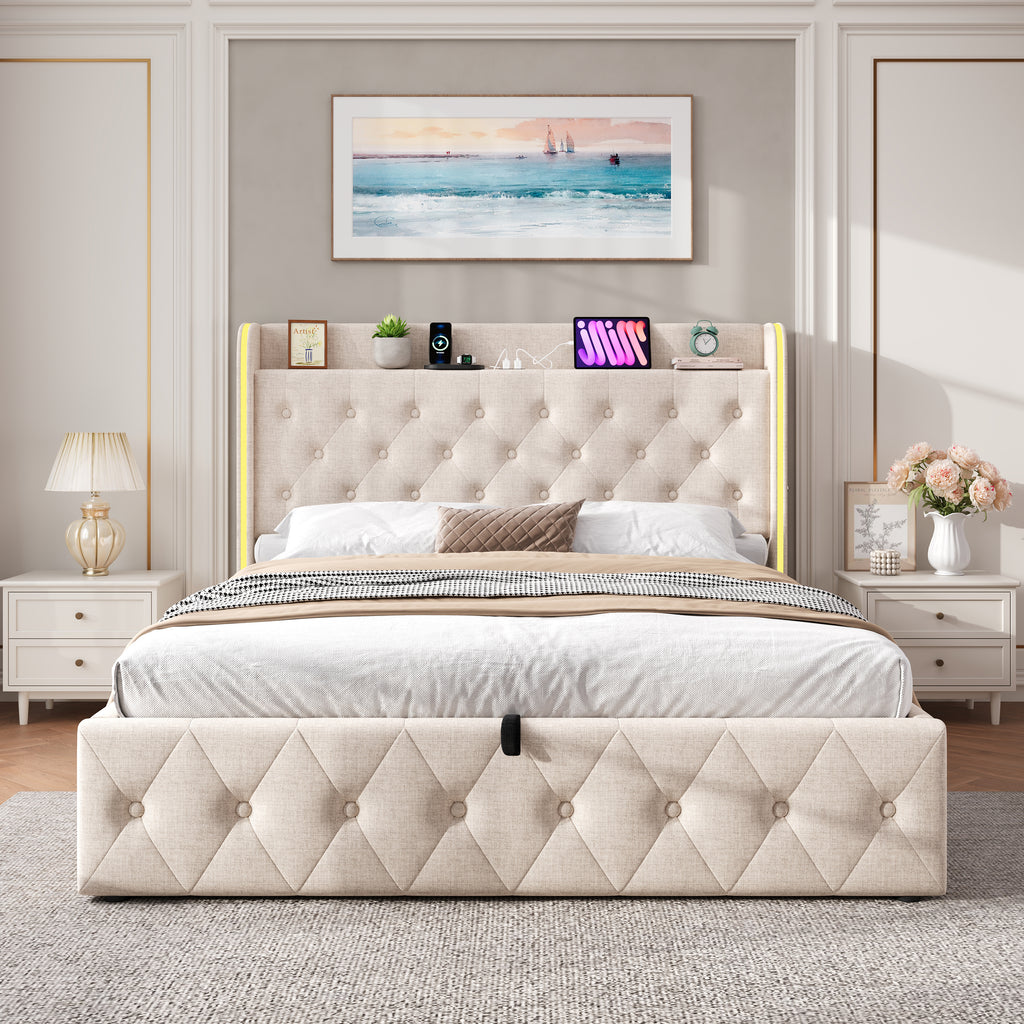 4ft6 Double Upholstered Bed Frame With Hydraulic Storage, LED Headboard With Charging Station And Button-tufted Design, USB And Type-C Ports, Linen, No Box Spring Needed, Beige  No Mattress