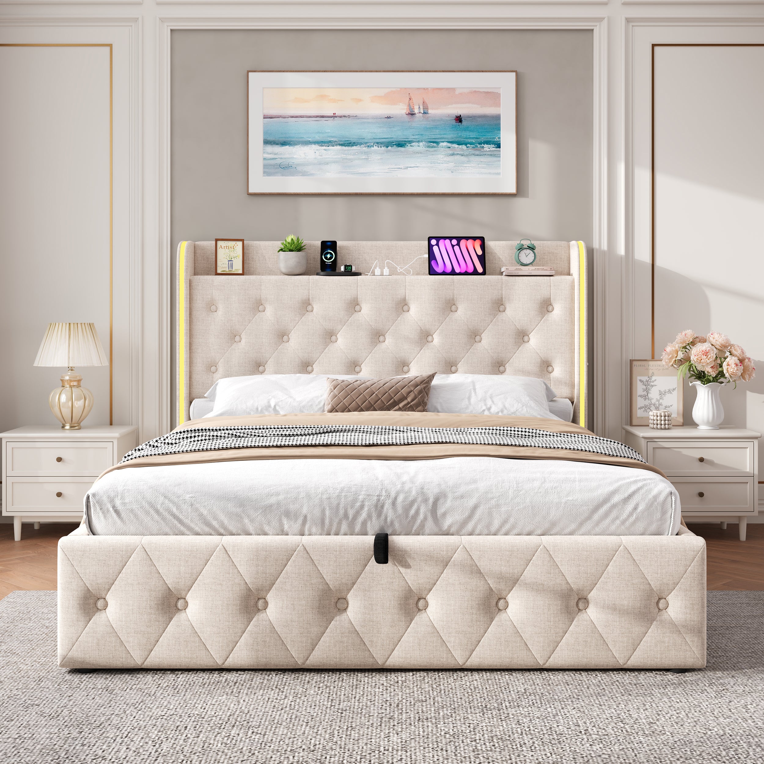 4ft6 Double Upholstered Bed Frame With Hydraulic Storage, LED Headboard With Charging Station And Button-tufted Design, USB And Type-C Ports, Linen, No Box Spring Needed, Beige  No Mattress