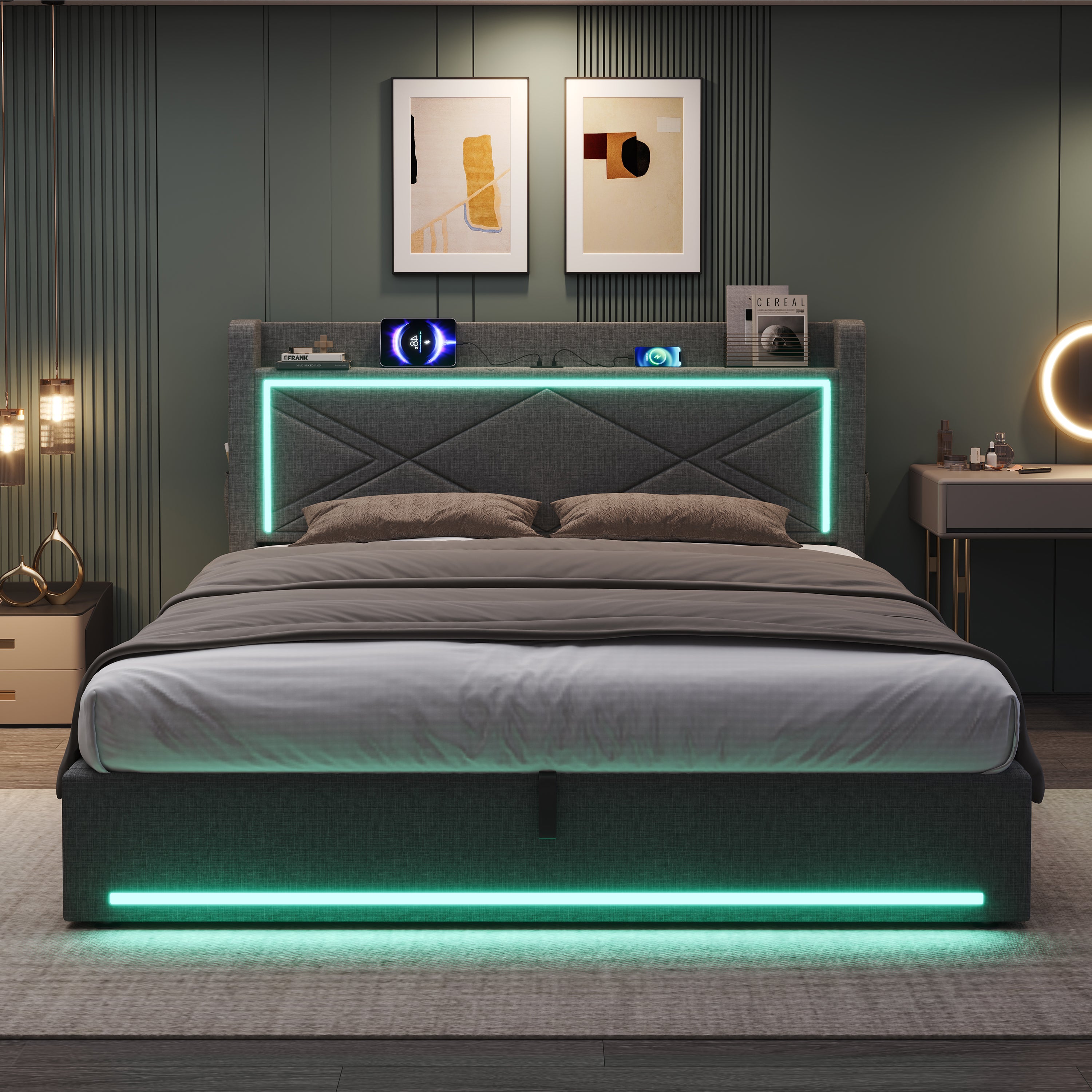 6ft Super King Upholstered Bed Frame With Hydraulic Storage,  Linen Ottoman Bed With LED Lighting And Charging Station, USB And Type - C Ports, No Box Spring Needed, Grey No Mattress