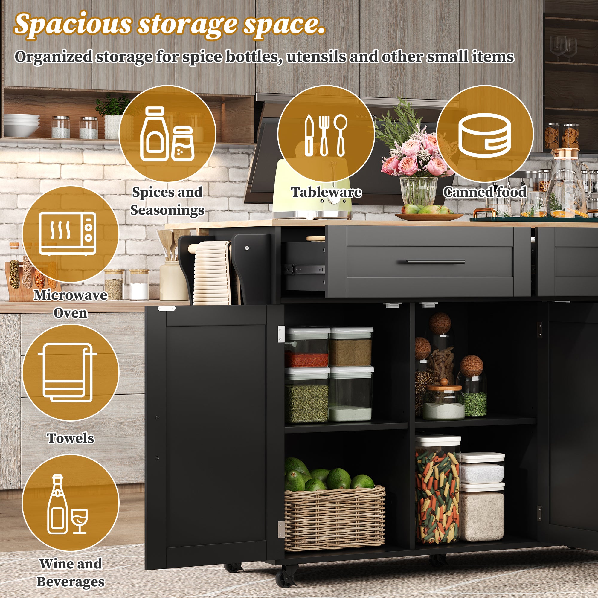 129x46   71x91cm Kitchen Island On Wheels, With Foldable Tabletop, Adjustable Shelves, Rolling Trolley With Storage Cabinets And 2 Drawers, For The Dining Room Living Room
