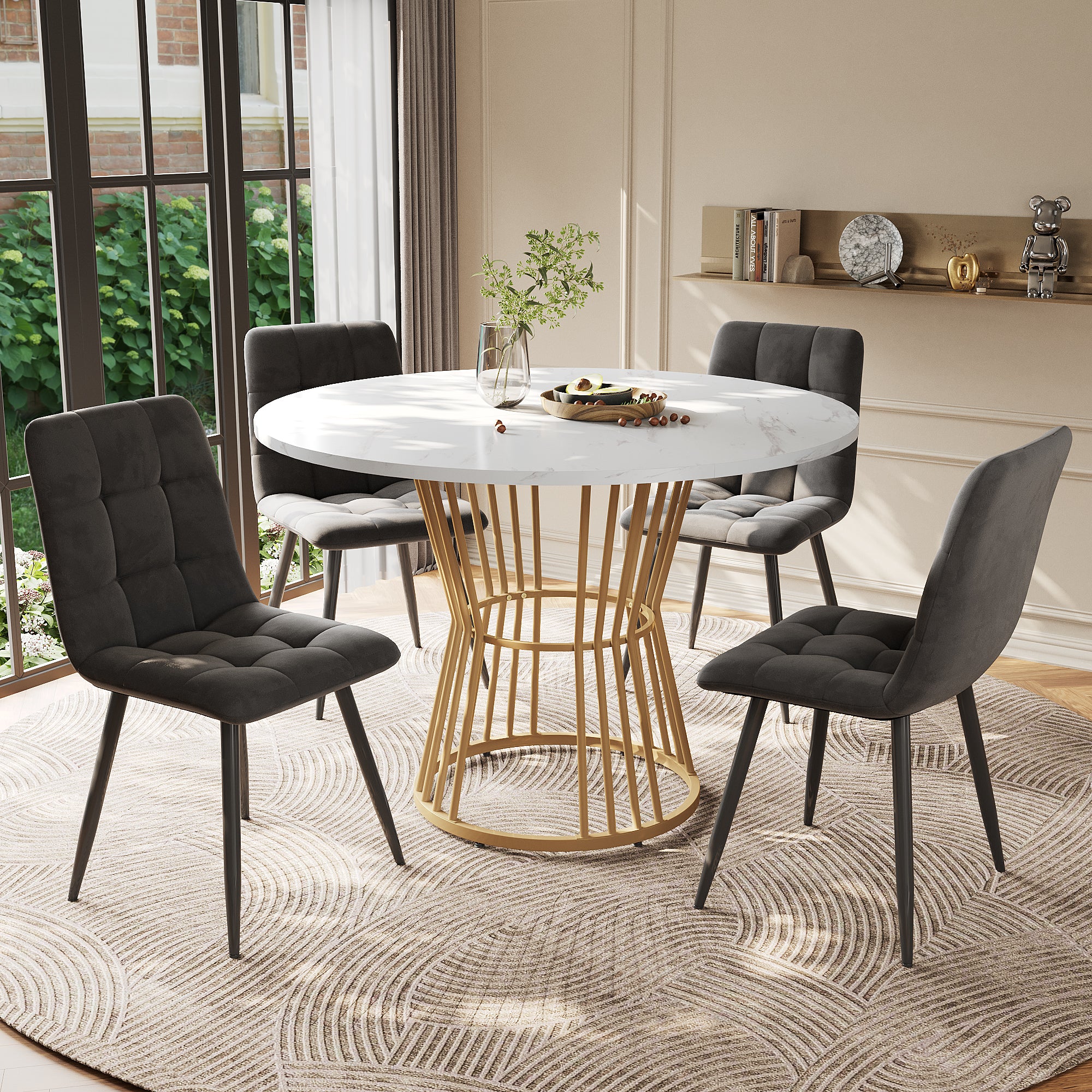 Dining Table Set  5-piece , Dining Table Set With 4 Chairs, Kitchen Table Set, Round Dining Table With 100 Cm Diameter And Golden Metal Legs, White MDF Table Top, Gray Velvet Dining Chairs