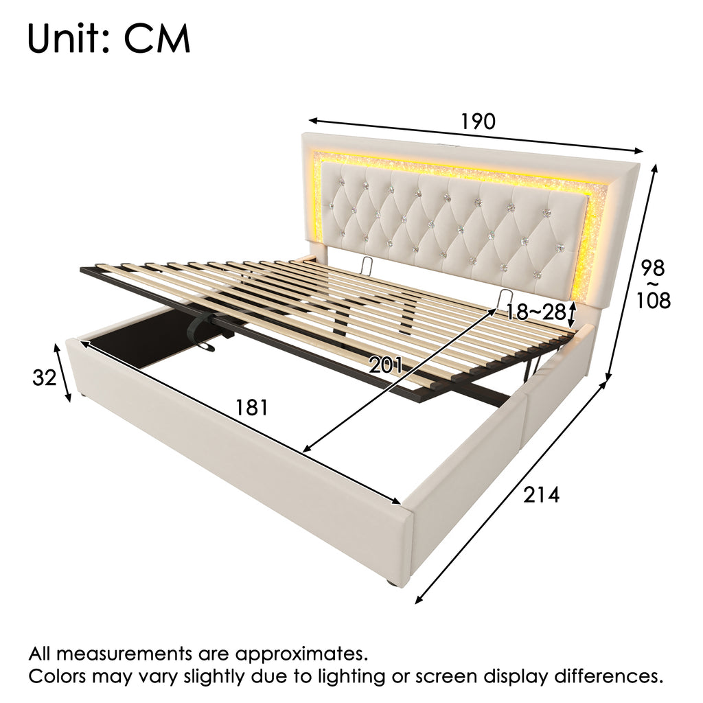 Upholstered Bed 180 X 200 Cm With LED Lighting, USB Type-C Charging, 6ft Hydraulic Storage Bed With Adjustable Diamond Tufted Headboard, Velvet, Beige No Mattress