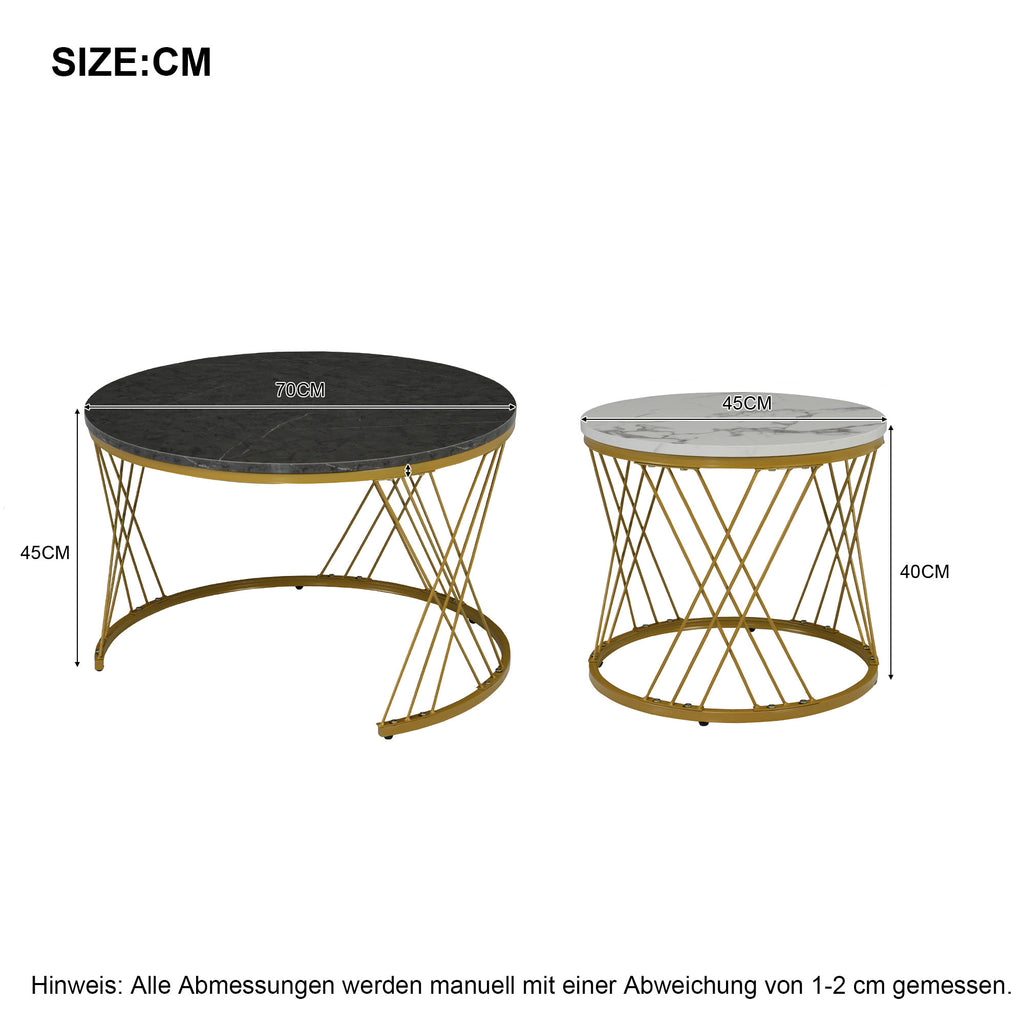 Round Coffee Table, Modern Coffee Table Set Of 2 Marble Pattern Top With Metal Frame, Small Side Table, End Table For Living Room, Bedroom, Home Office, Farmhouse, White And Black