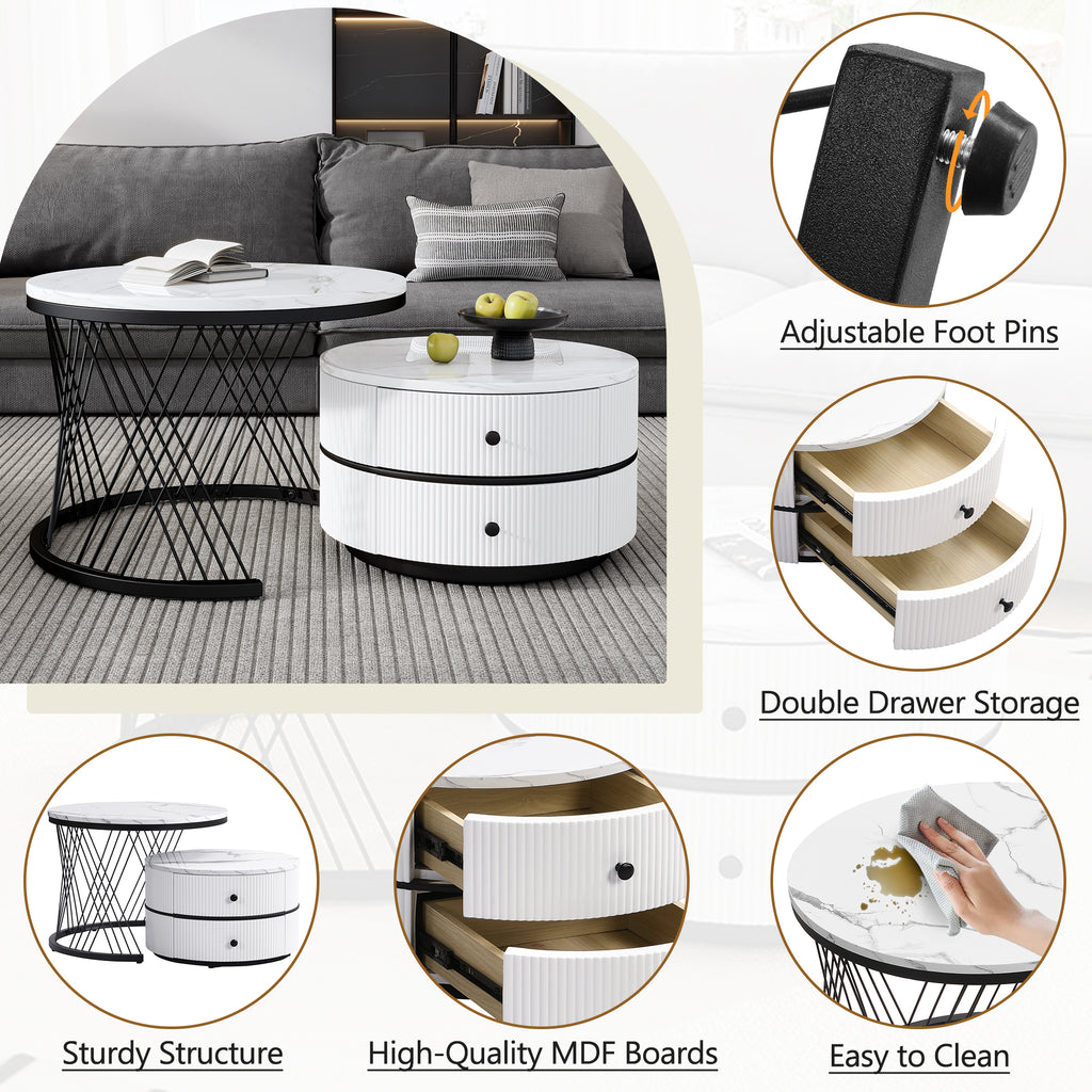 High Gloss Round Nesting Coffee Table With Marble Top, End Table, White & Gold Nesting Coffee Table Set Of 2 Center Table With Storage Drawers For Living Room