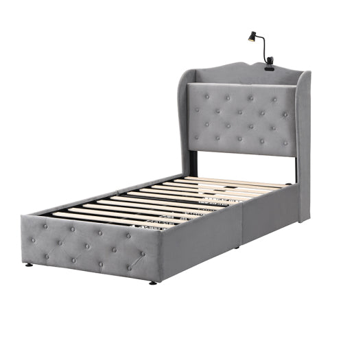 Upholstered Bed, Storage Bed, 3FT Bed 90x190cm, With 4 Drawers And Lamp, 3 USB Port 1 Type C, Durable And Sturdy, Youth Bed, For Adults  Teenagers, Velvet, Grey