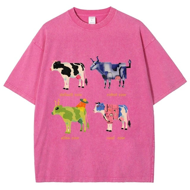 Mens Retro Cotton Funny Cow Streetwear Printed Top