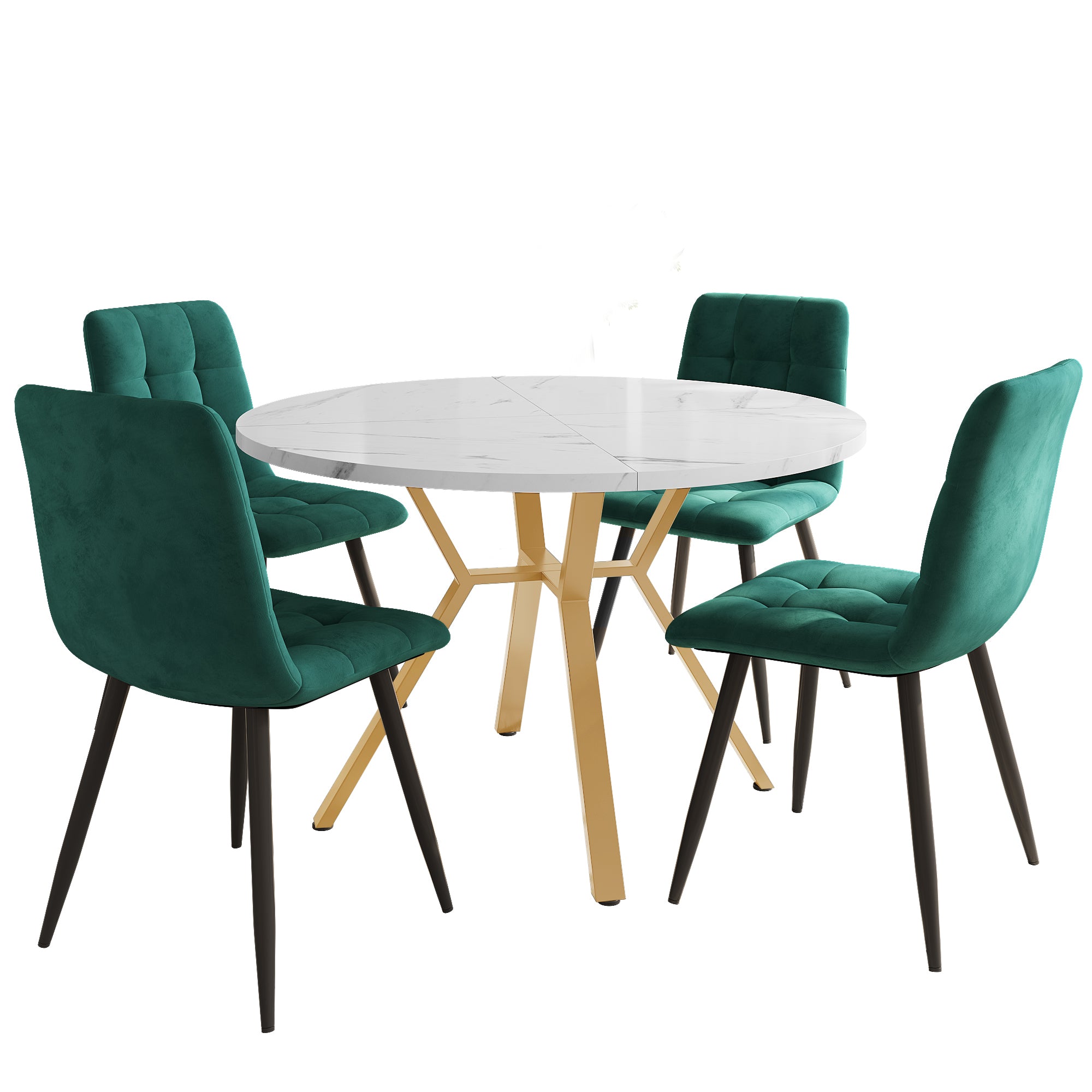Dining Table Set, Dining Table And Chair Set  5-piece , Modern, Simple Round Marble Dining Table And Chair Set, Gold-coloured Metal Table Legs  4 Ergonomic Velvet Chairs, Green Dining Chairs