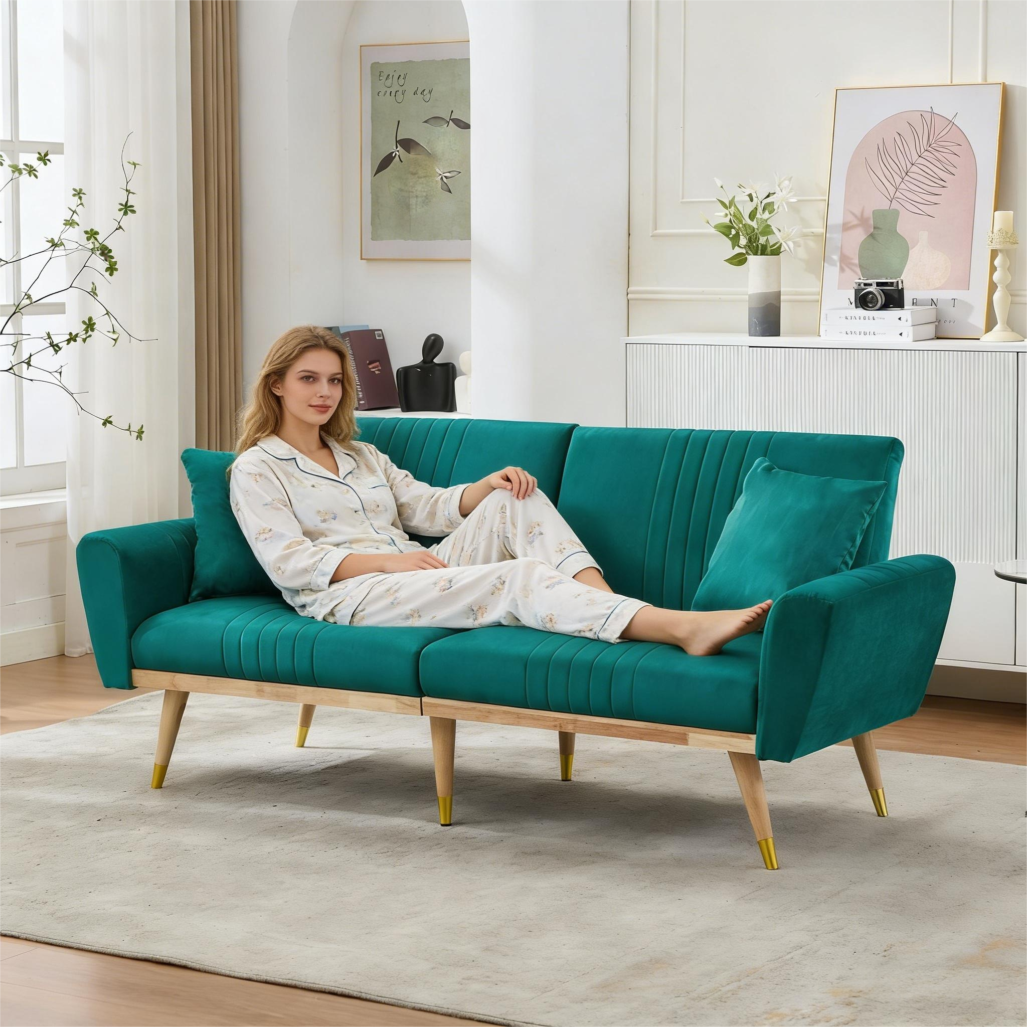 160x50x60CM Onvertible Futon Sofa Bed, Modern Fleece Loveseat With Adjustable Backrest, 2 Pillows, Solid Wood Legs,  Multifunctional Sofa Couch For Living Room, Bedroom, Apartment Green