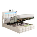 4ft6 Double Upholstered Bed Frame With Hydraulic Storage, Velvet Ottoman Bed With LED Lighting And Charging Station, Double Bed With Adjustable Button Tufted Headboard, Beige