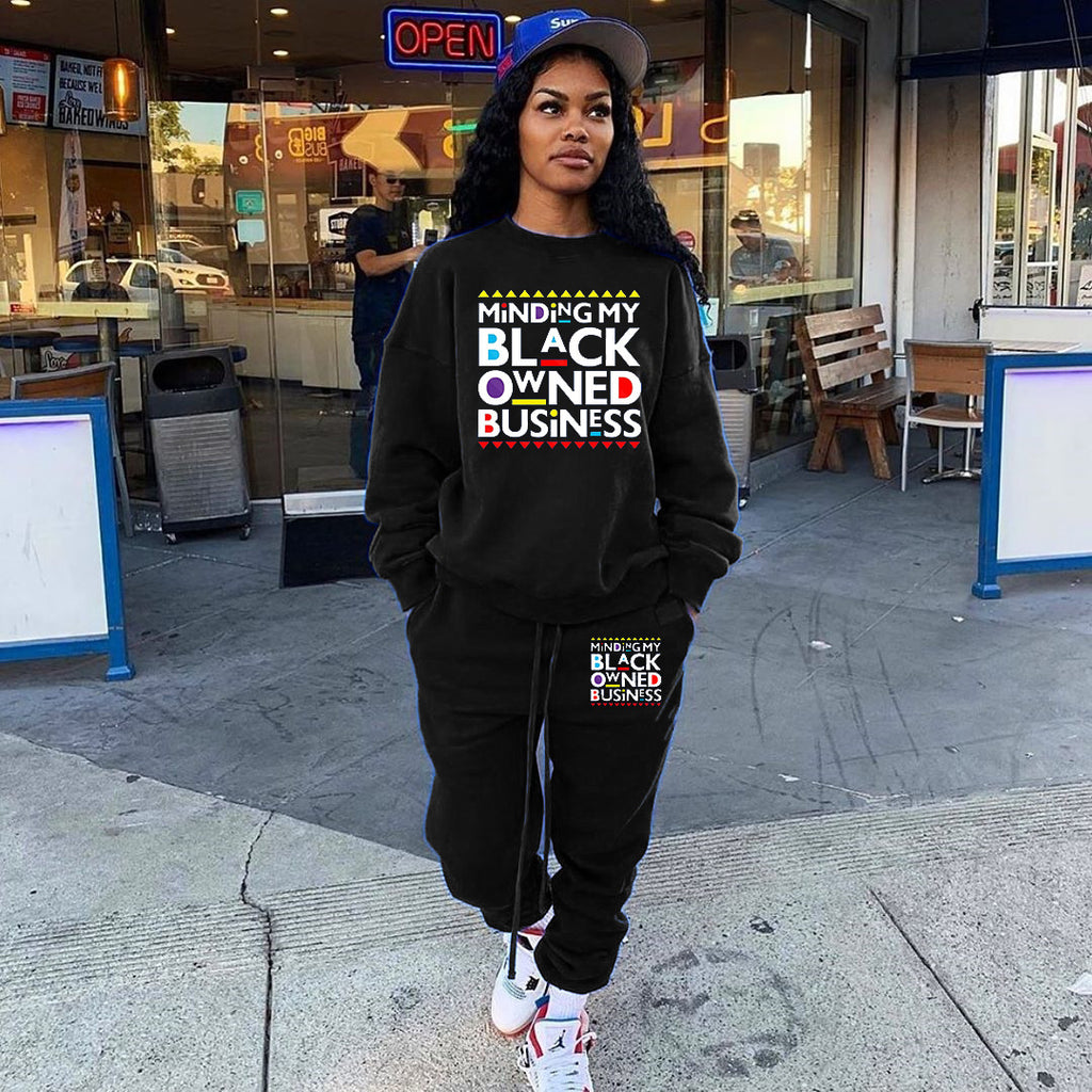 Women Fashion Print Loose Sweatshirt Two Piece Set