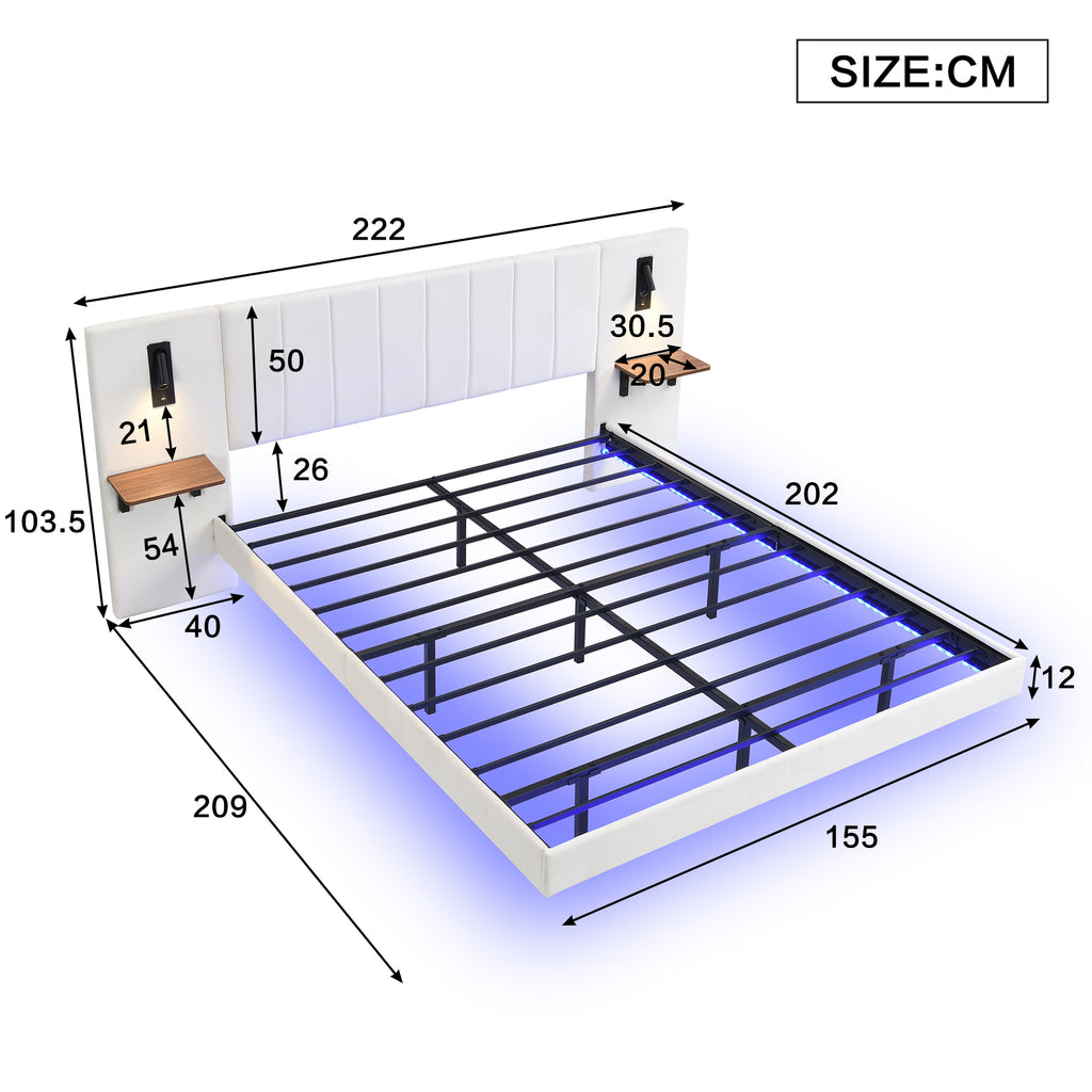 Upholstered Bed, Adults Teenagers King Bed 150x200cm, 2 Bedside Lamps, Headboard Storage Function,  With Charging Socket, With Light Strip Under The Bed,Soft Headboard, Velvet-Iron, White