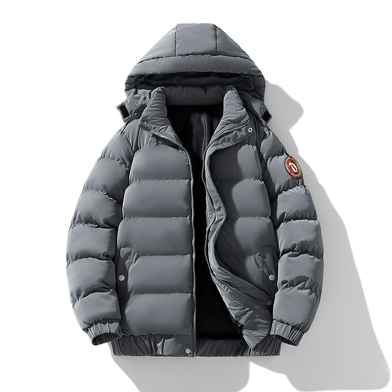 Solid-color Hooded Cotton-padded Coat Mens Puffer Jacket Velcro Straps