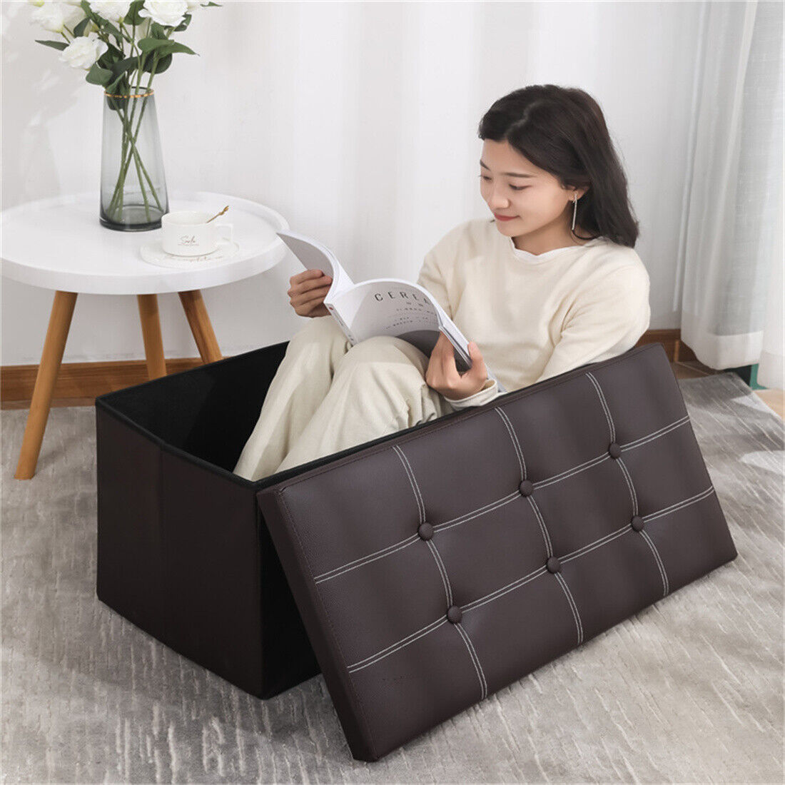 Large Seater Folding Storage Ottoman Pouffe Bench Seat Blanket Toy Chest Box UK NEW