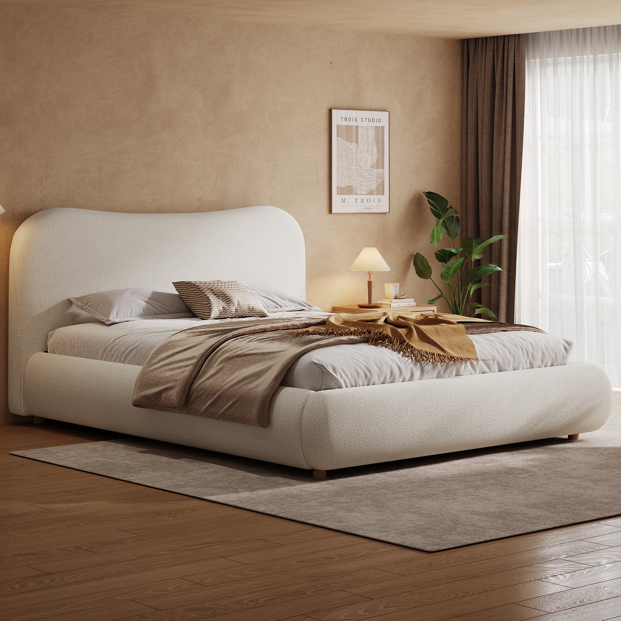 135x190cm 4ft6 Ottoman Storage Bed Frame With Curved Shaped Headboard, Soft Rounded Corners, Double Upholstered Bed Frame With Boucle Fabric, Warm White