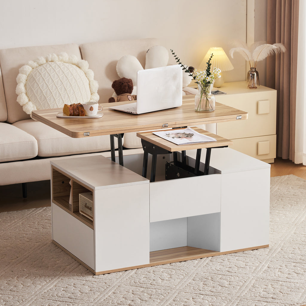 326450455WAANEW  White & Oak Coffee Table With Storage, Lift Up Coffee Table For Living Room, Coffee Table With 2 Drawers Lift-Top Sofa End Tea Tables For Living Room Furniture